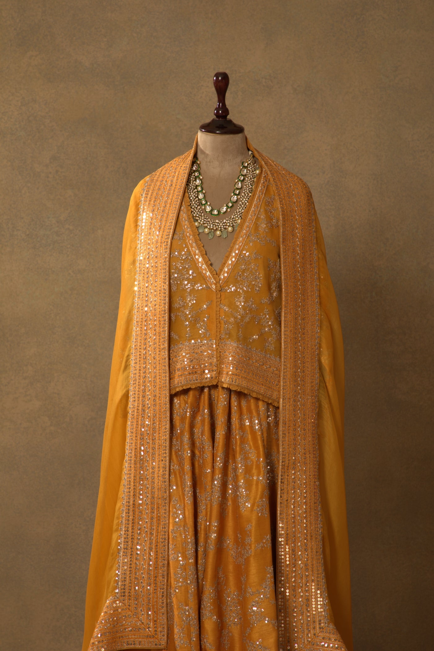 Mustard-Yellow Embroidered Pure Silk- Organza Short-Kurta-Sharara Set