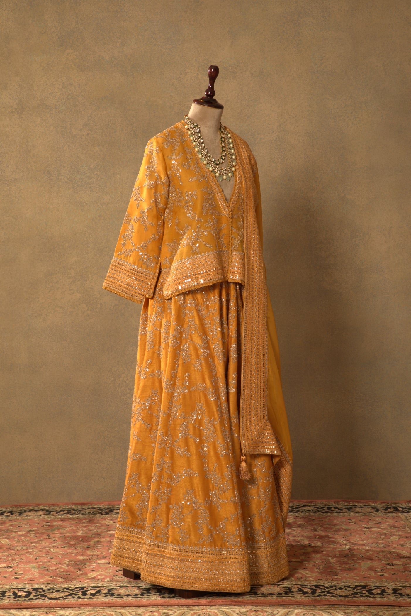 Mustard-Yellow Embroidered Pure Silk- Organza Short-Kurta-Sharara Set