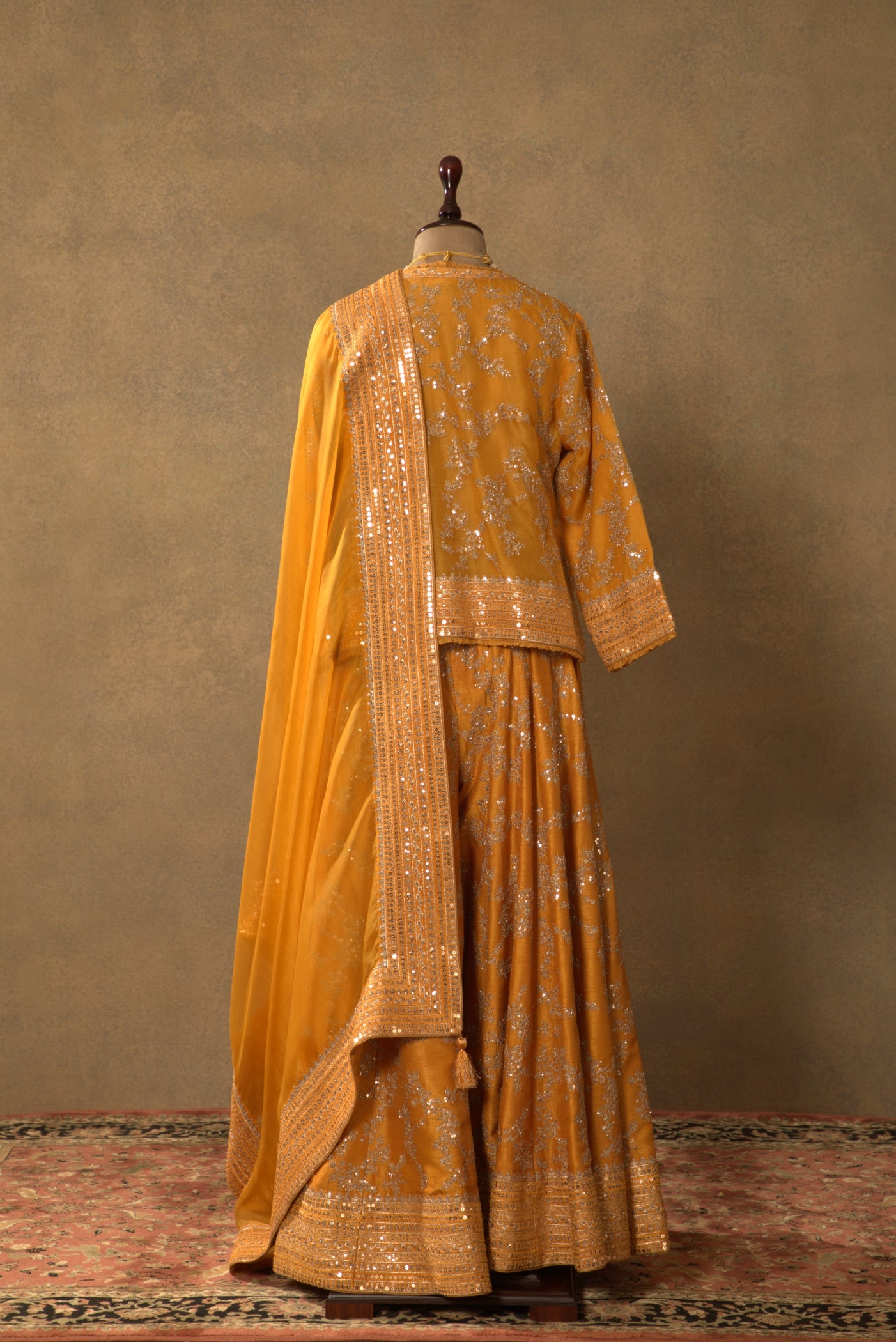 Mustard-Yellow Embroidered Pure Silk- Organza Short-Kurta-Sharara Set