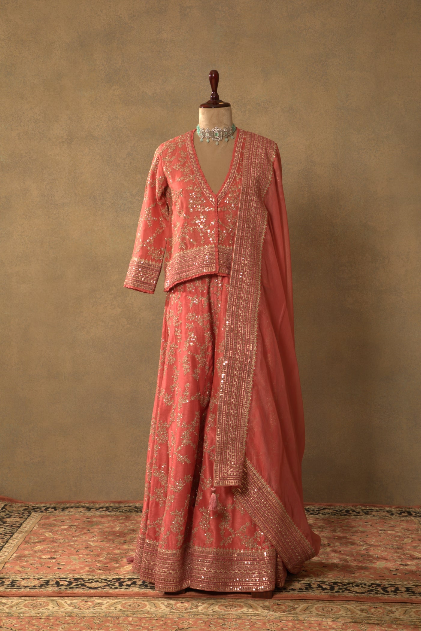 Candy-Pink Embroidered Pure Silk-Organza Short-Kurta-Sharara Set