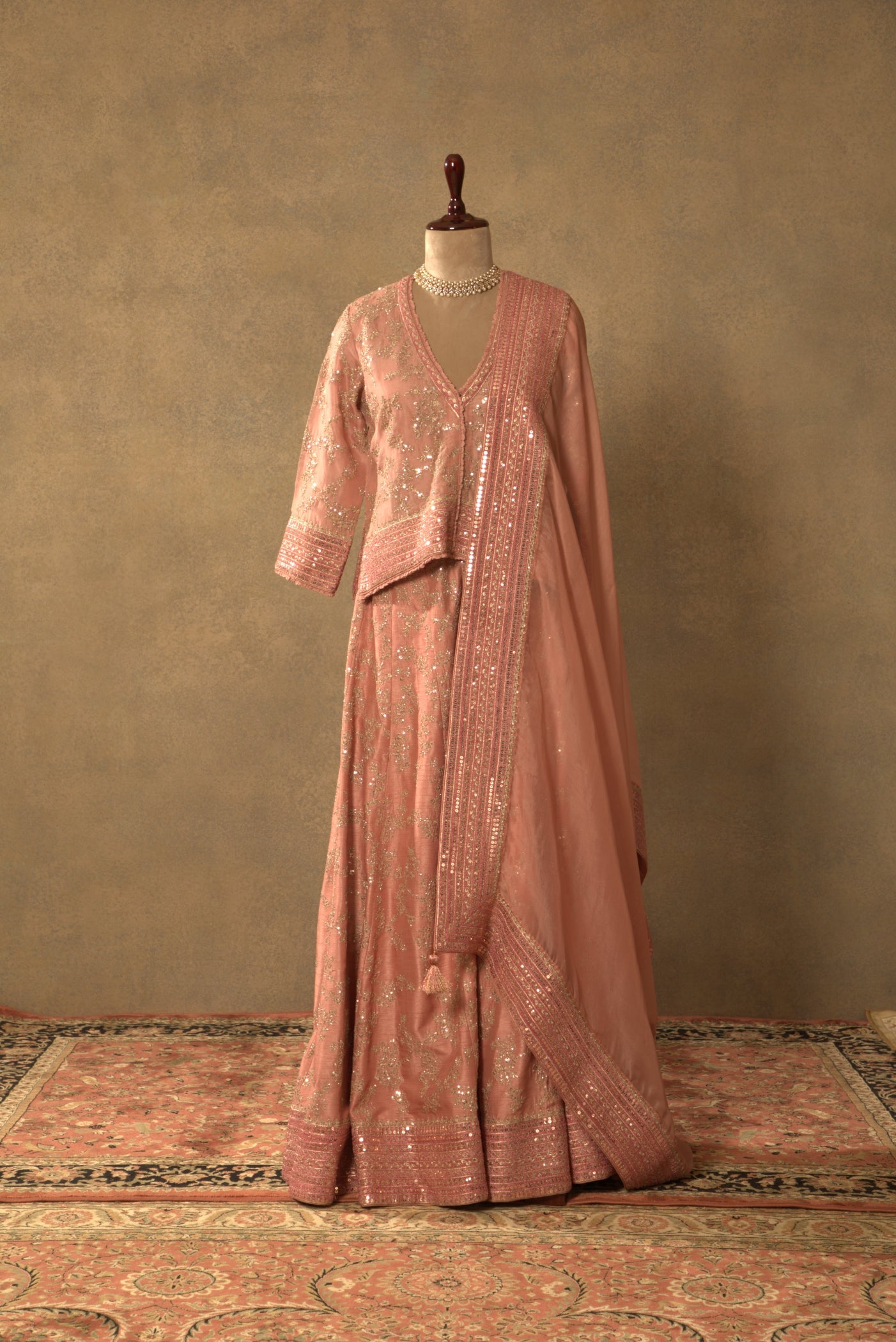 Dusty-Pink Embroidered Pure Silk-Organza Short-Kurta-Sharara Set