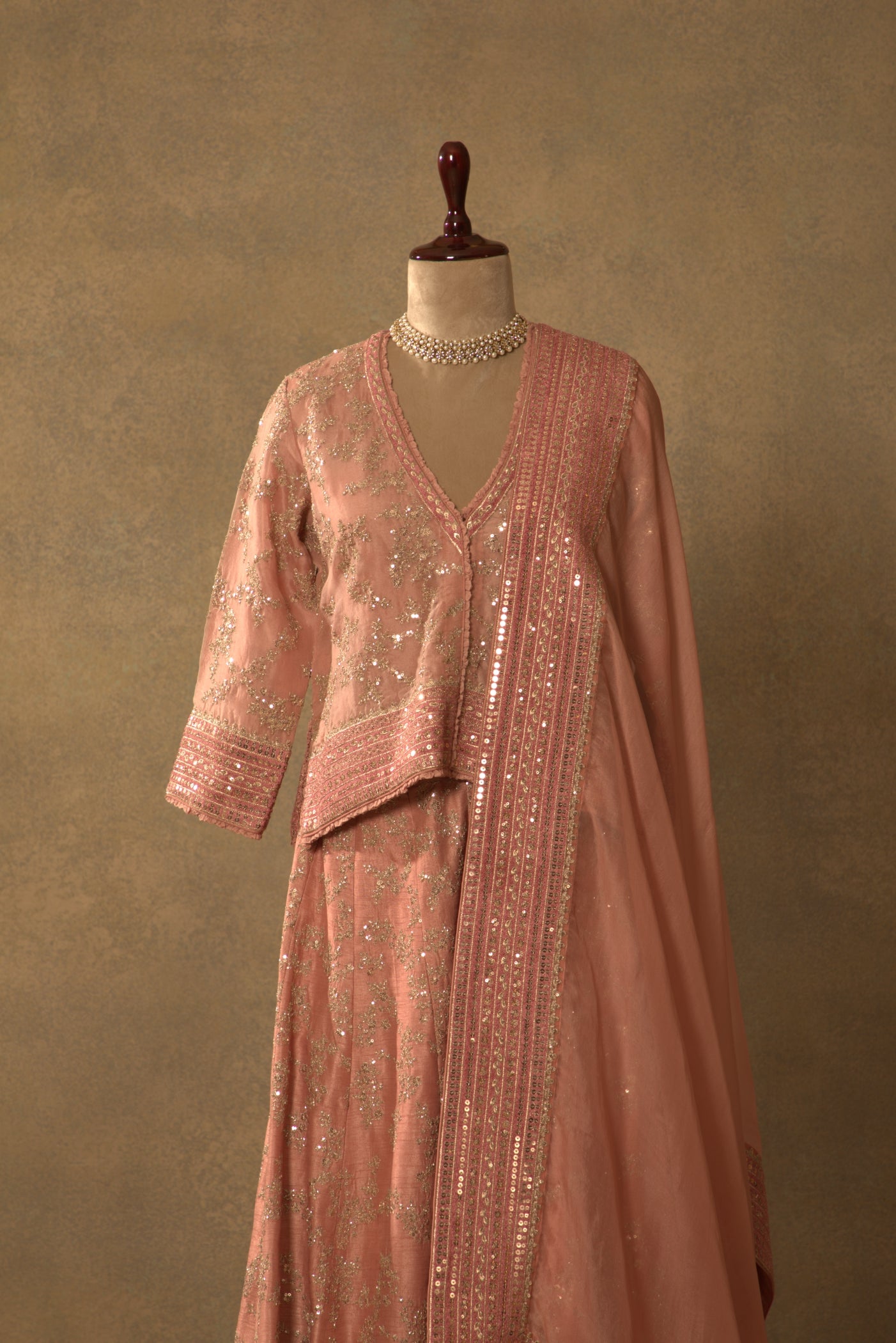 Dusty-Pink Embroidered Pure Silk-Organza Short-Kurta-Sharara Set