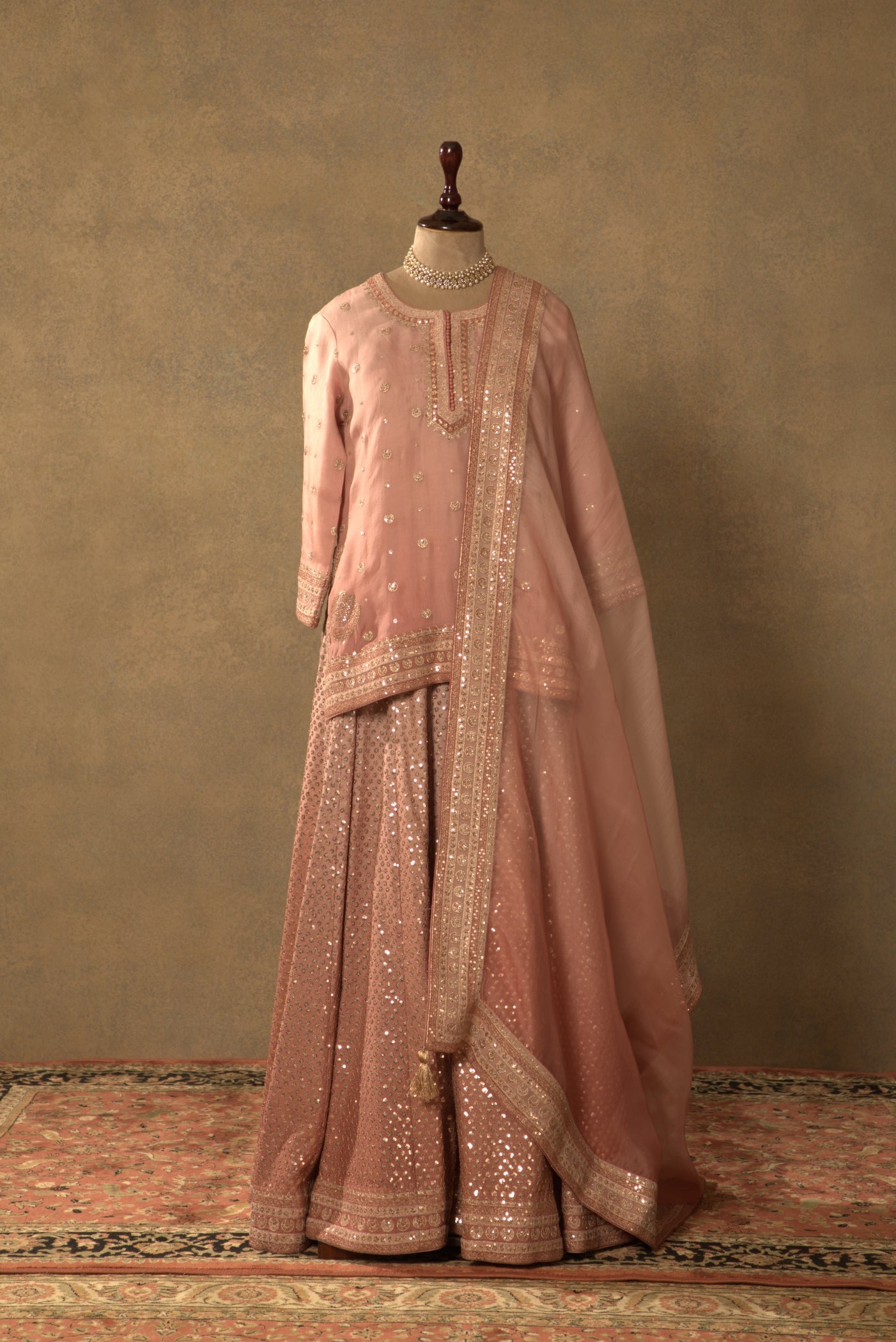 Dusty-Pink Embroidered Pure Silk-Organza Short-Kurta-Sharara Set
