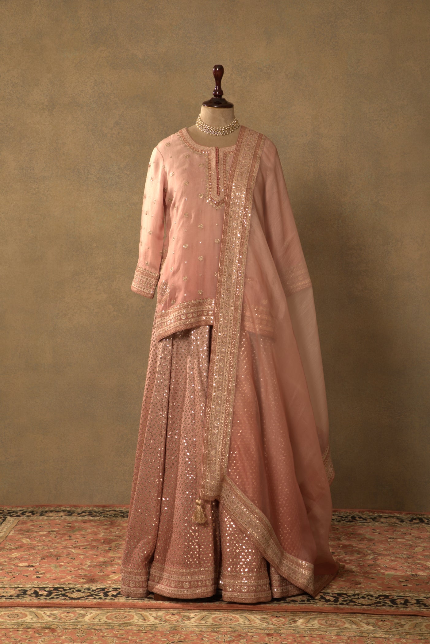 Dusty-Pink Embroidered Pure Silk-Organza Short-Kurta-Sharara Set