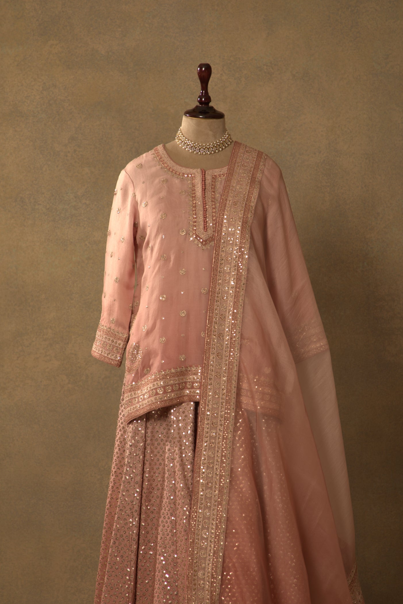 Dusty-Pink Embroidered Pure Silk-Organza Short-Kurta-Sharara Set