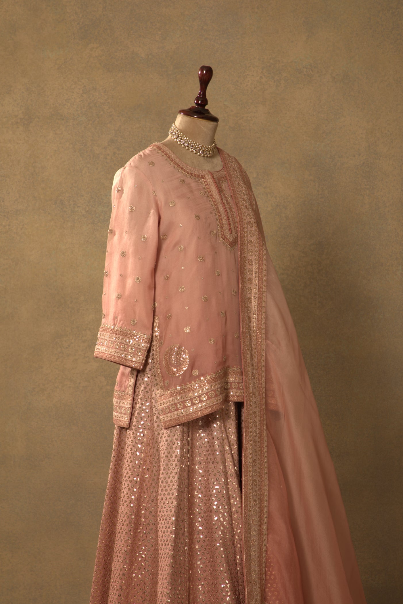 Dusty-Pink Embroidered Pure Silk-Organza Short-Kurta-Sharara Set