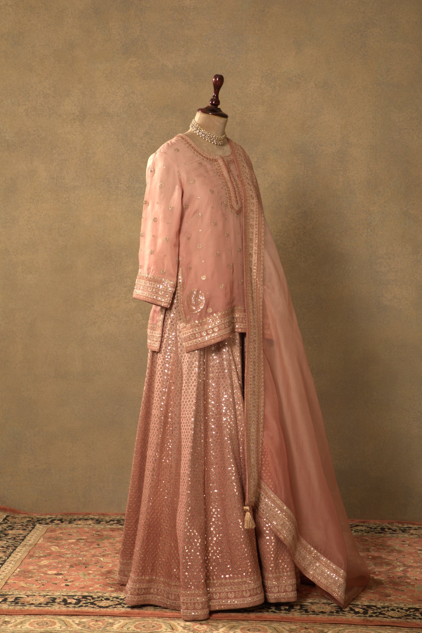 Dusty-Pink Embroidered Pure Silk-Organza Short-Kurta-Sharara Set
