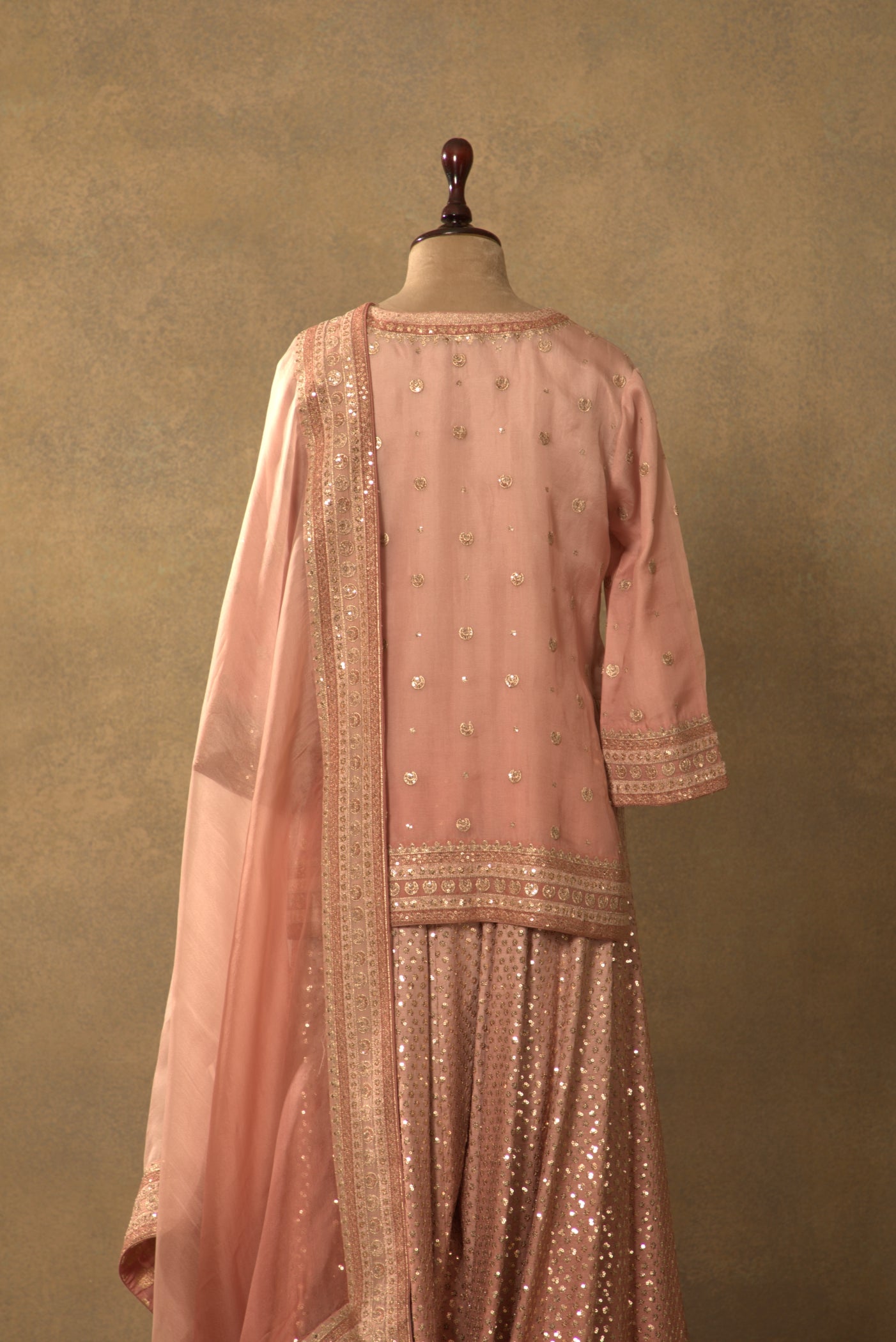 Dusty-Pink Embroidered Pure Silk-Organza Short-Kurta-Sharara Set