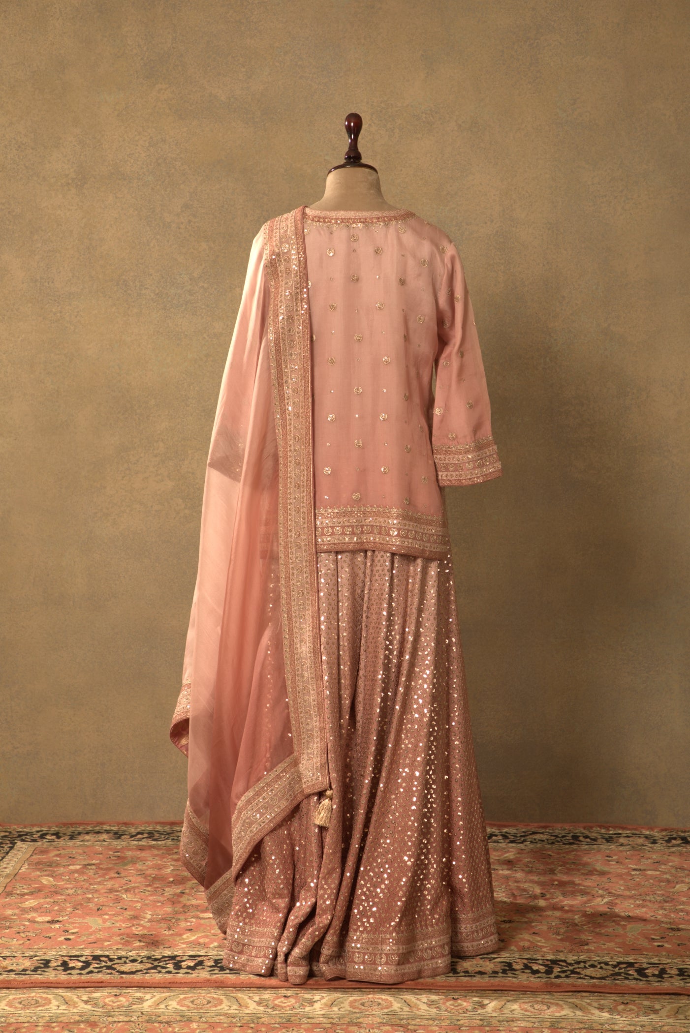 Dusty-Pink Embroidered Pure Silk-Organza Short-Kurta-Sharara Set