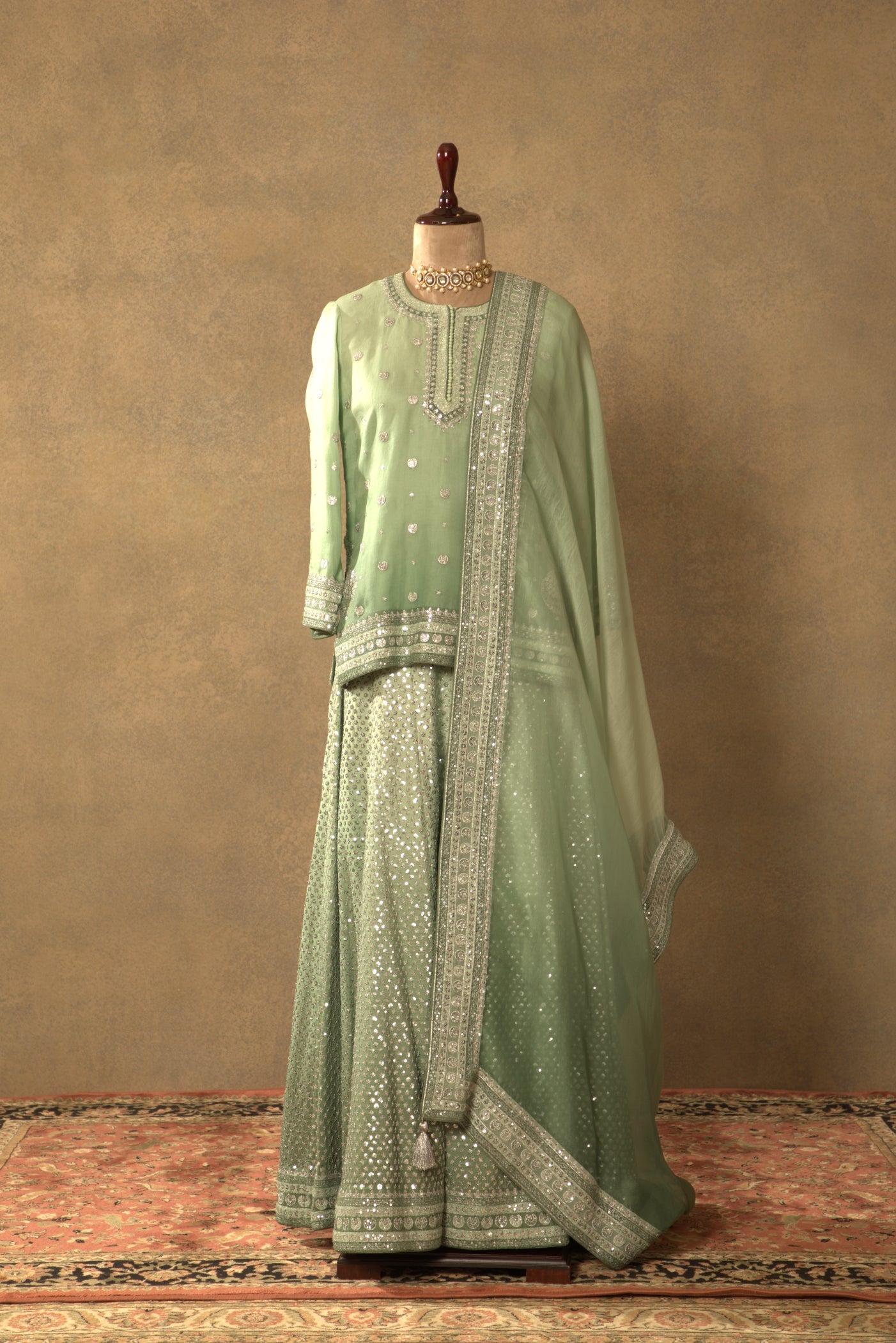 Fern-Green Embroidered Pure Silk-Organza Short-Kurta-Sharara Set