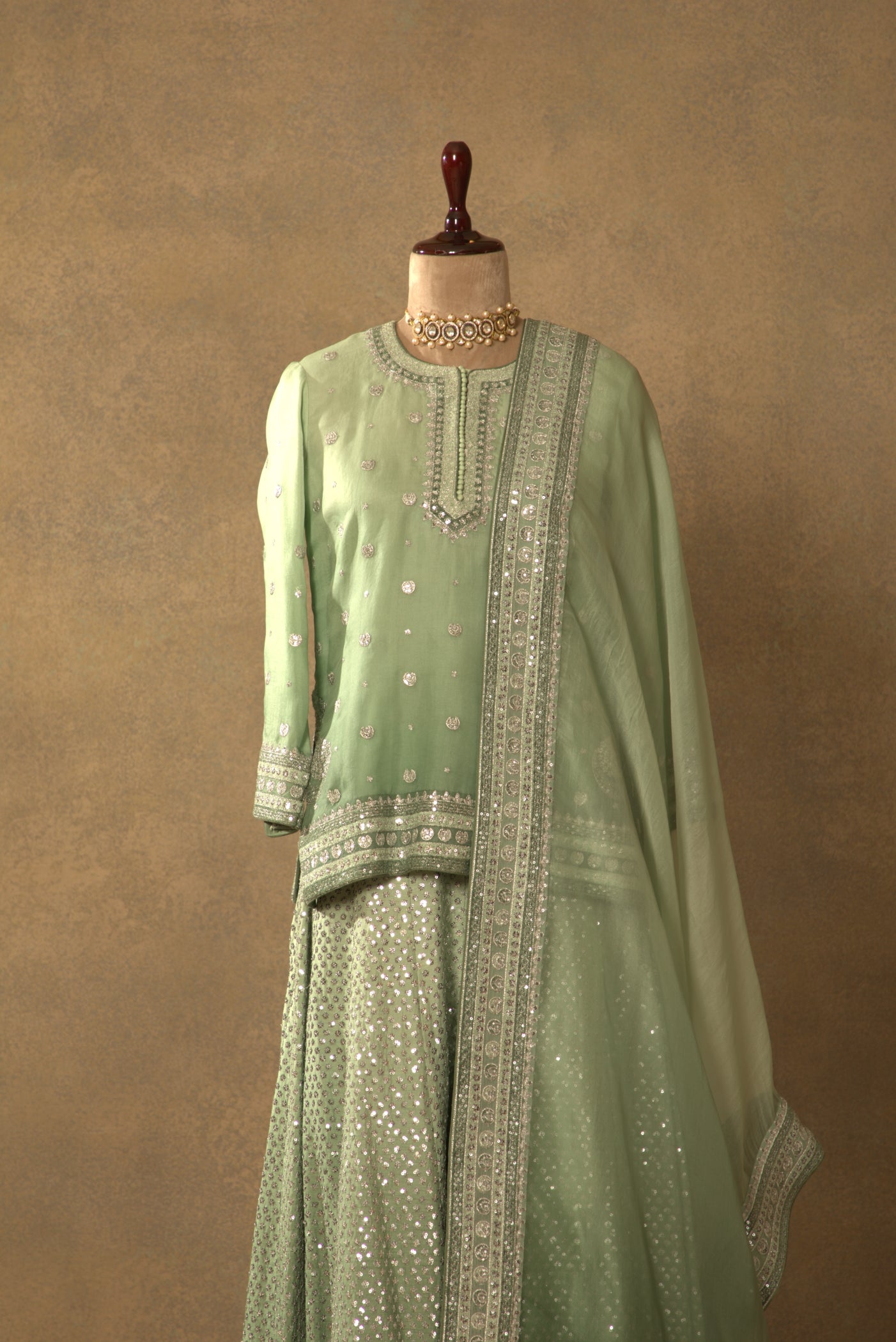 Fern-Green Embroidered Pure Silk-Organza Short-Kurta-Sharara Set