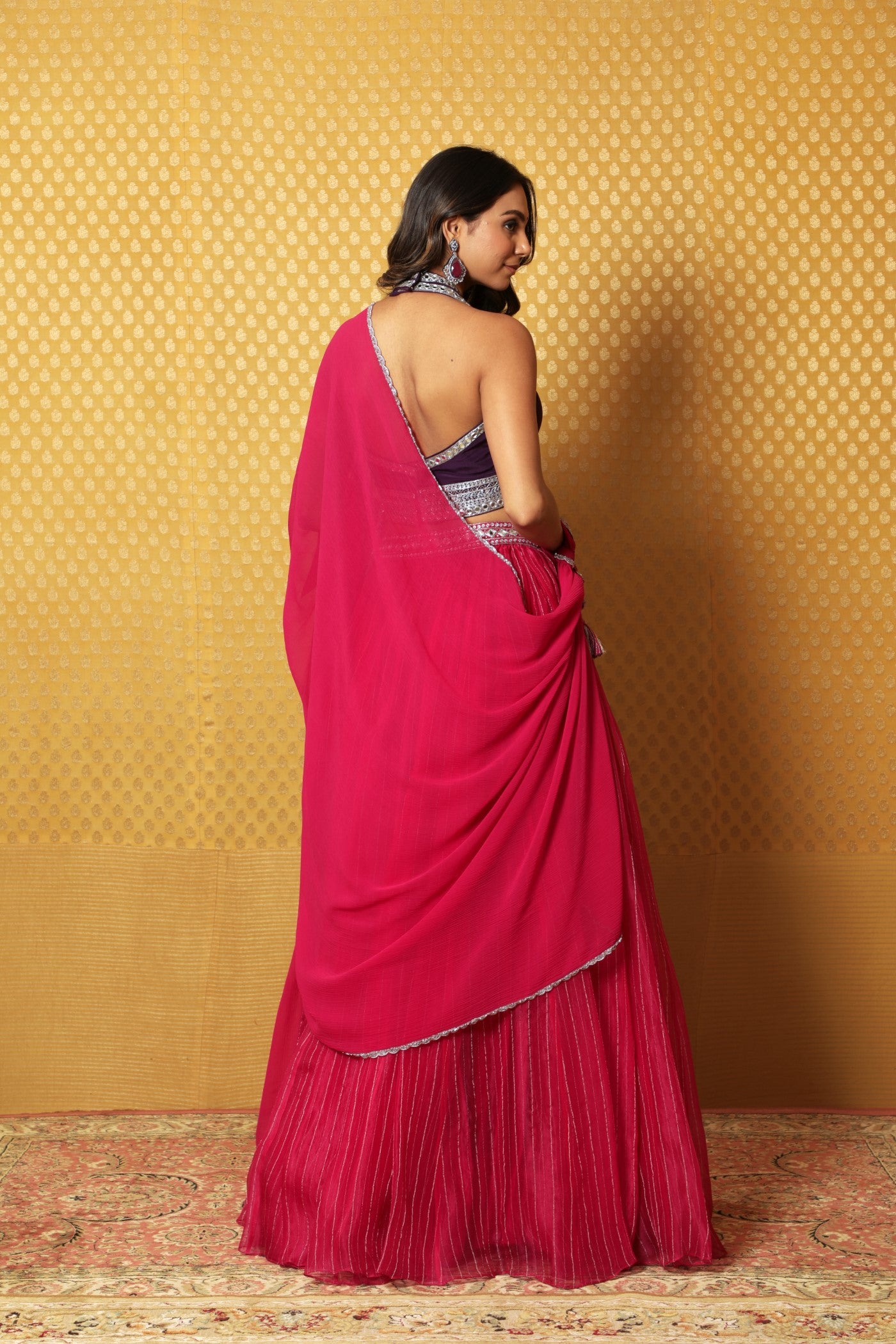Hand-Embroidered Rani-Pink Striped Pure Silk-Organza Lehenga Paired With Pure Crepe-Silk Blouse & Chiffon Dupatta (Rani-Pink & Purple)