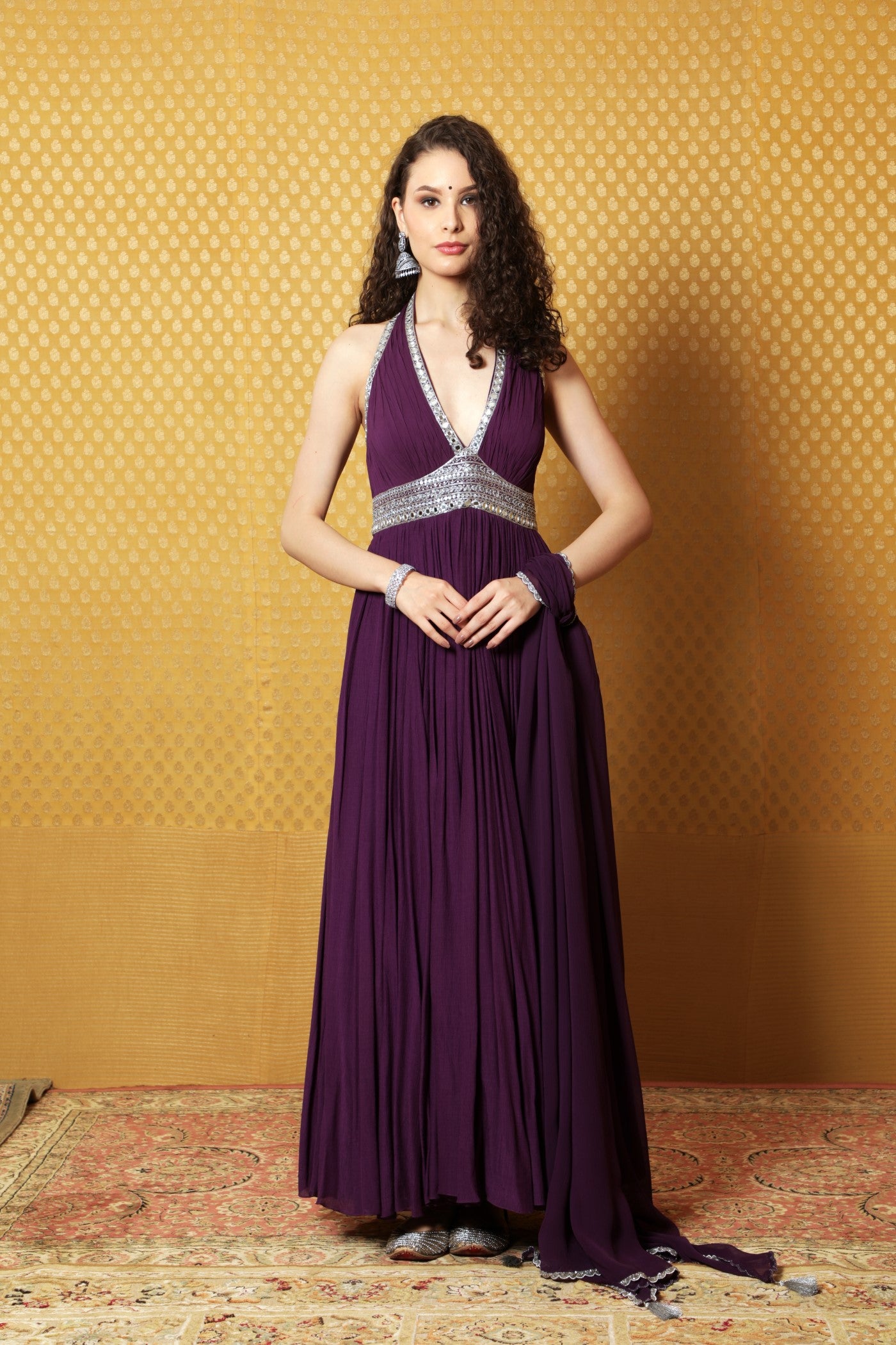 Hand-Embroidered Aubergine Crinkled- Cotton Anarkali-Pants Set With Halter Neckline