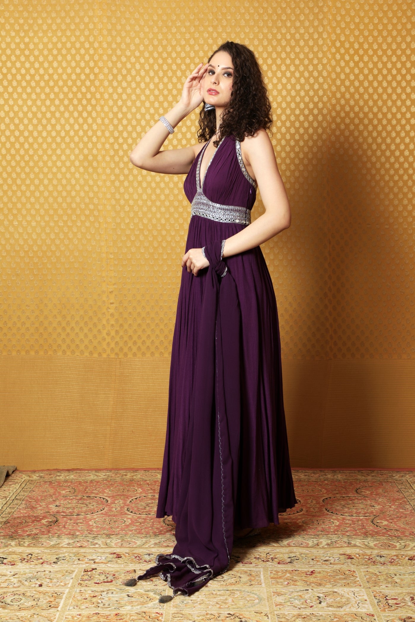 Hand-Embroidered Aubergine Crinkled- Cotton Anarkali-Pants Set With Halter Neckline