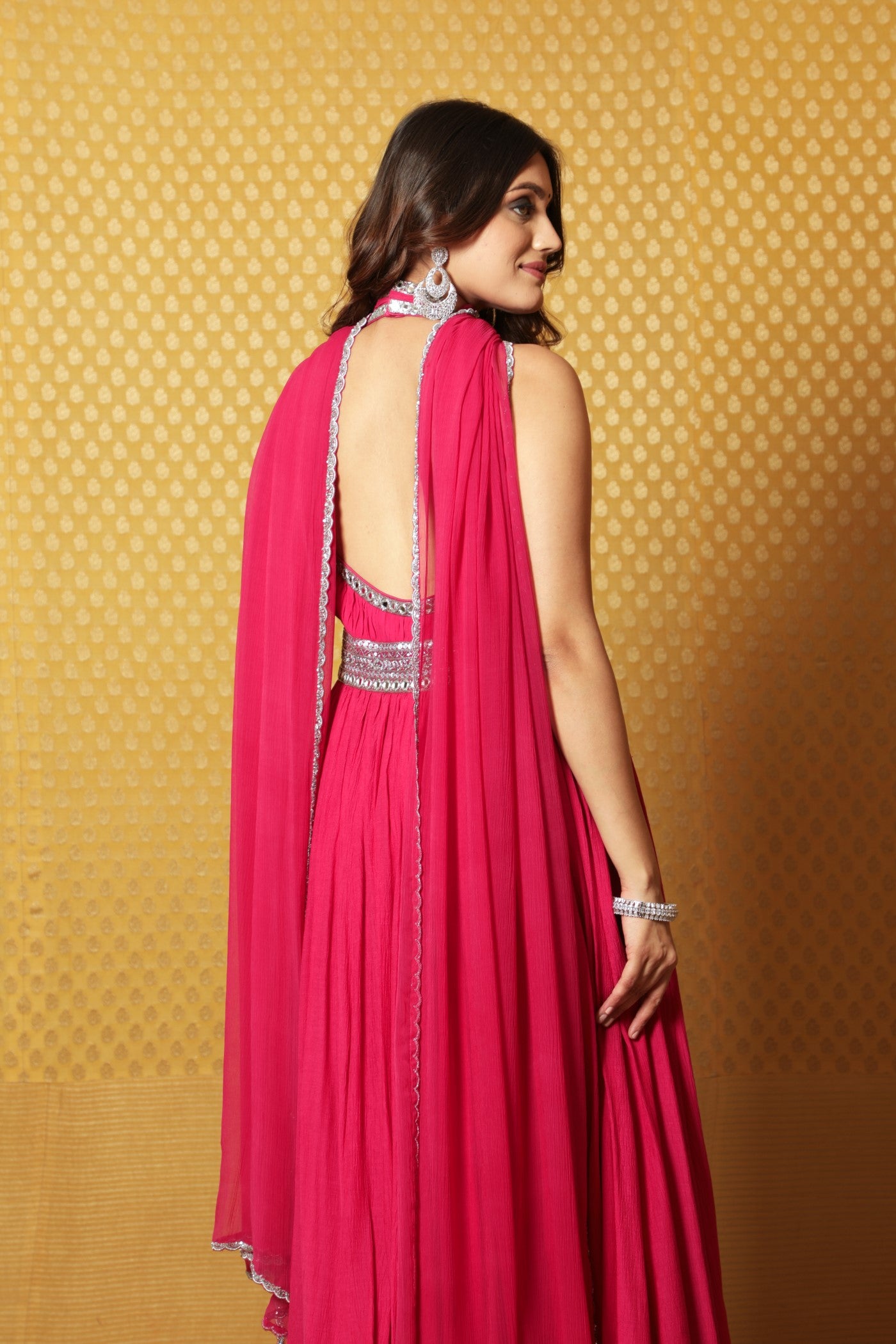 Hand-Embroidered Rani-Pink Crinkled- Cotton Anarkali-Pants Set With Halter Neckline