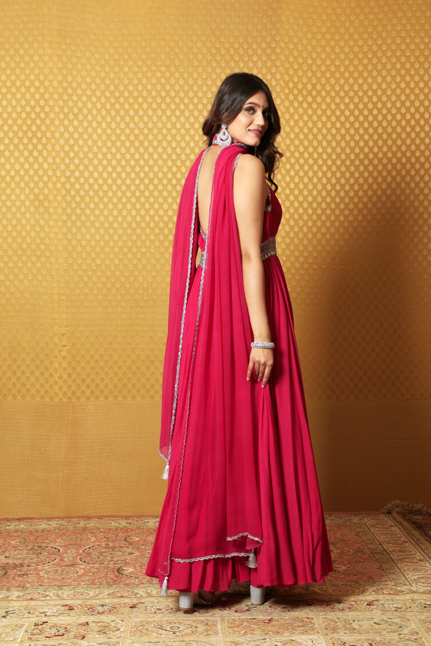 Hand-Embroidered Rani-Pink Crinkled- Cotton Anarkali-Pants Set With Halter Neckline