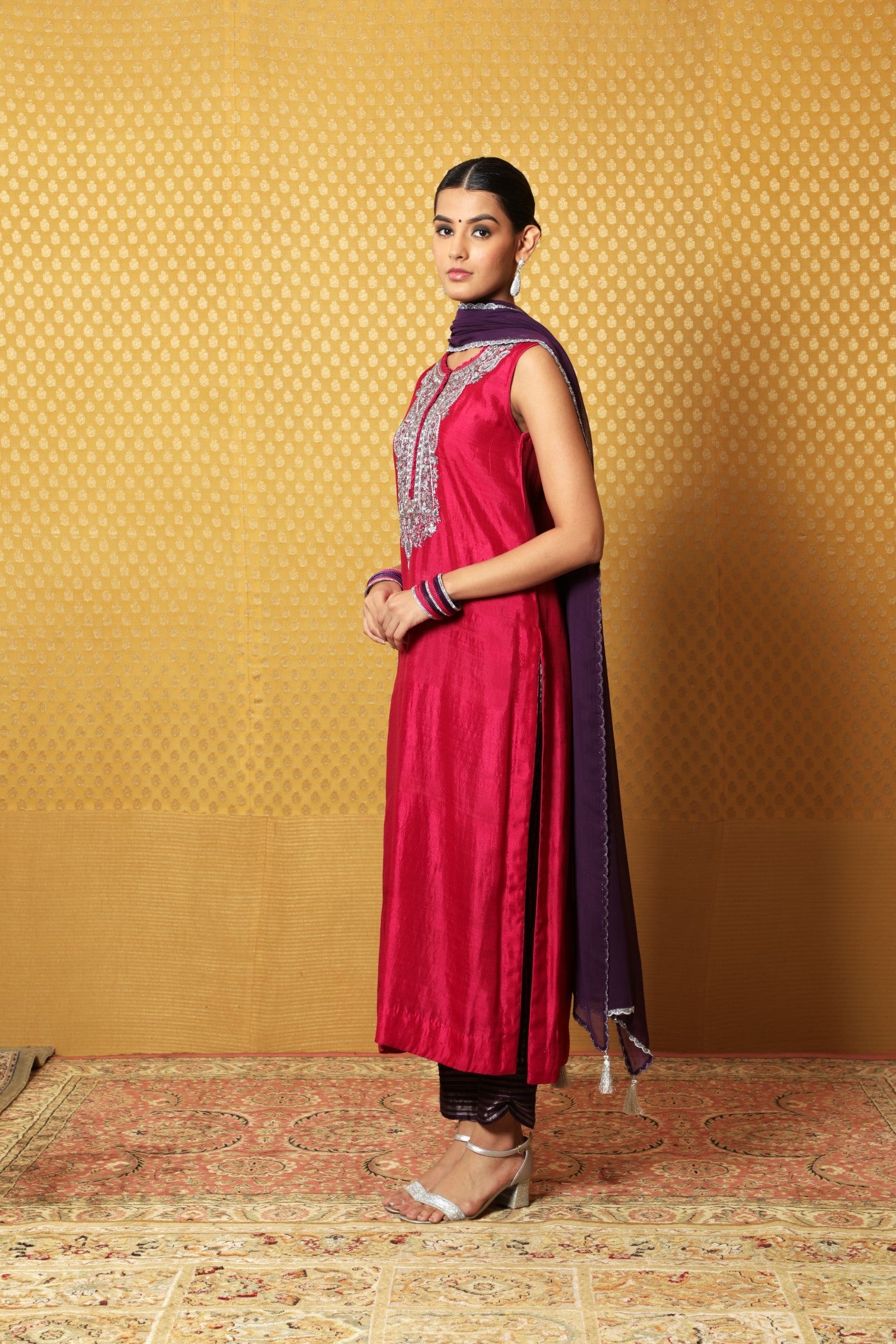 Jazzy-Pink Hand-Embroidered Pure Silk Sleeveless Kurta-Pants Set