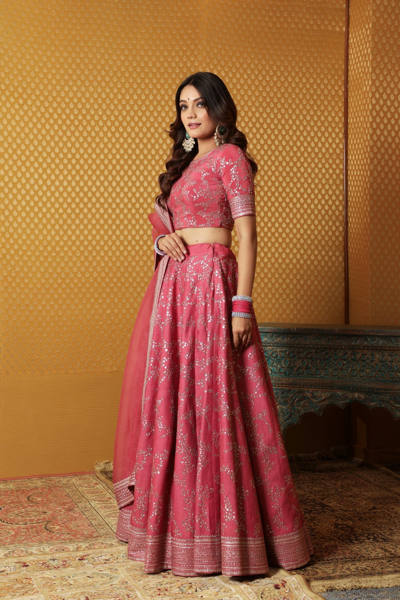 Hand-Embroidered Dusty Rose-Pink Pure Matka-Silk Lehenga-Blouse Set