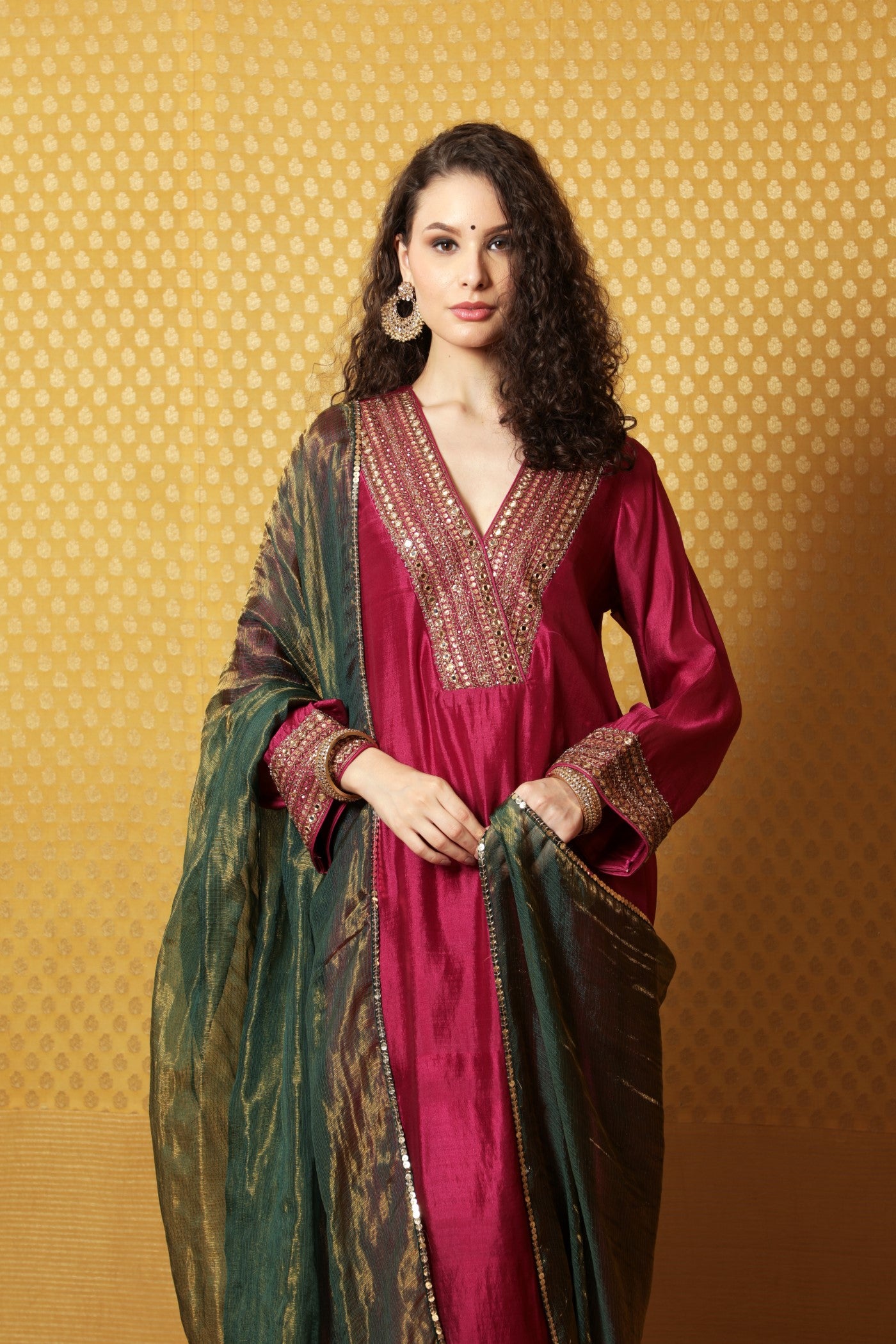 Hand-Embroidered Festival Fuchsia Pure Silk Kurta-Pants Set (Bottle-Green Pants & Dupatta)