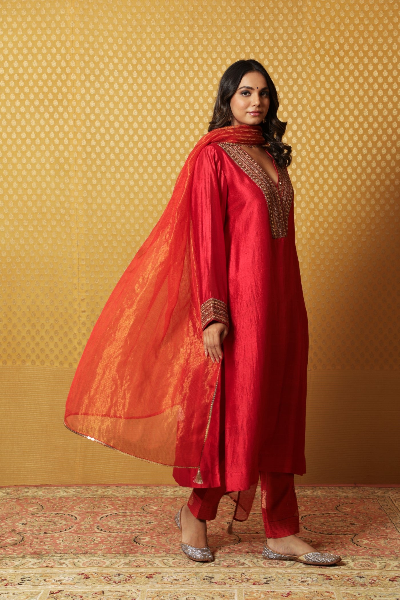 Hand-Embroidered Red Pure Silk Kurta- Pants Set (Rust-Orange Pants & Dupatta)