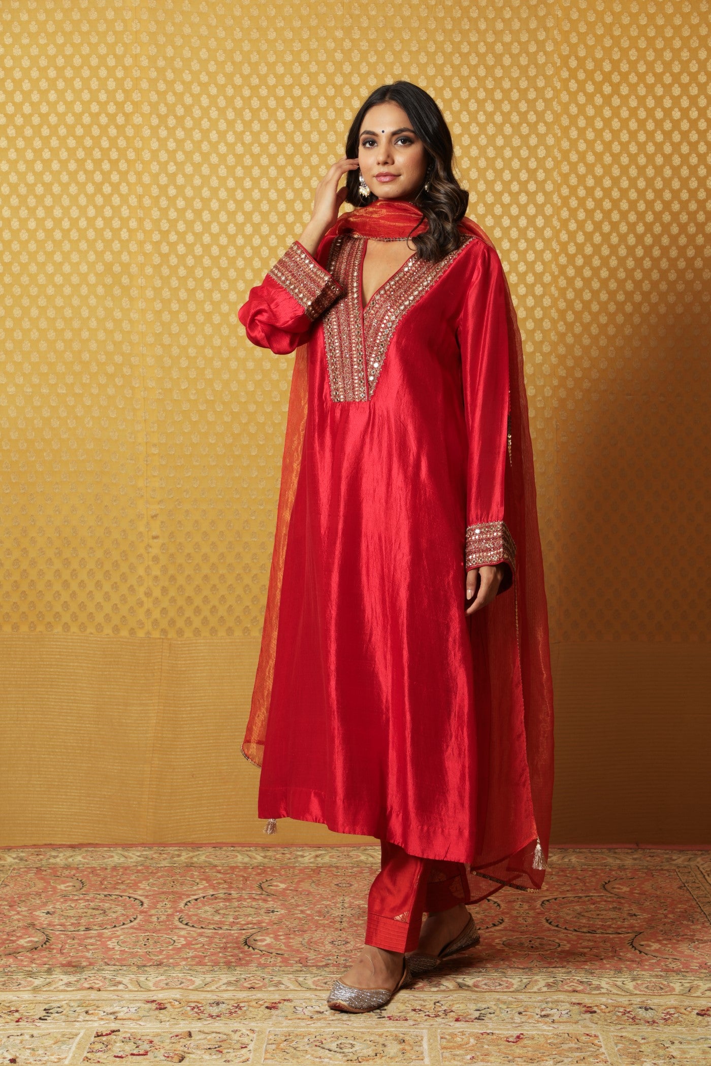 Hand-Embroidered Red Pure Silk Kurta- Pants Set (Rust-Orange Pants & Dupatta)