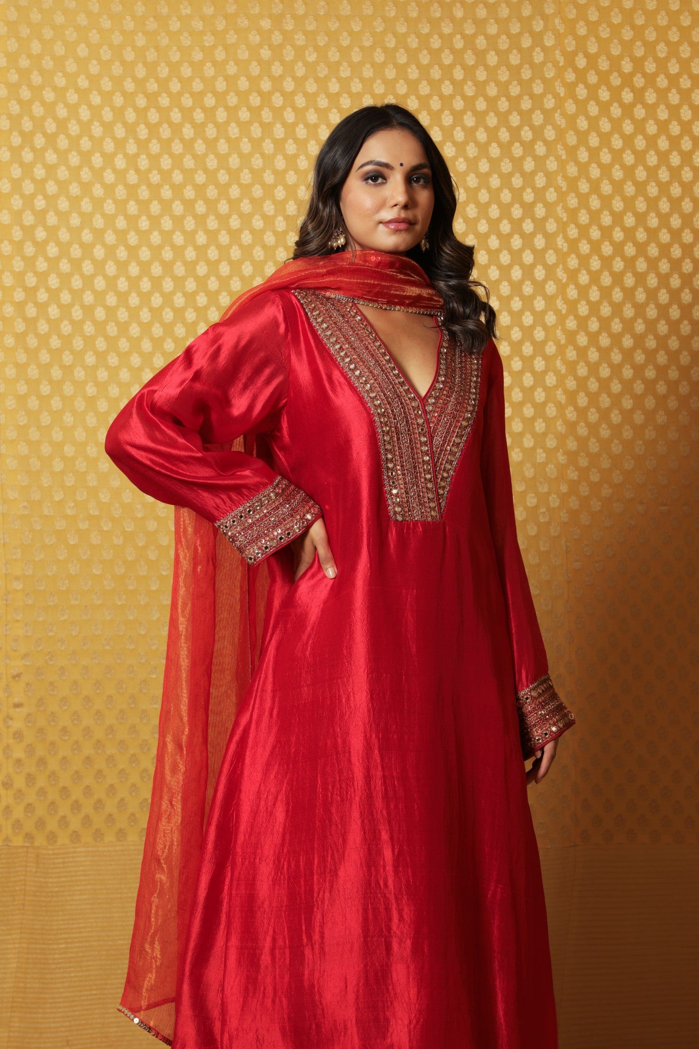 Hand-Embroidered Red Pure Silk Kurta- Pants Set (Rust-Orange Pants & Dupatta)