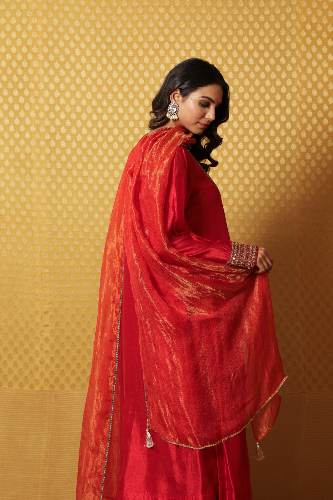 Hand-Embroidered Red Pure Silk Kurta- Pants Set (Rust-Orange Pants & Dupatta)