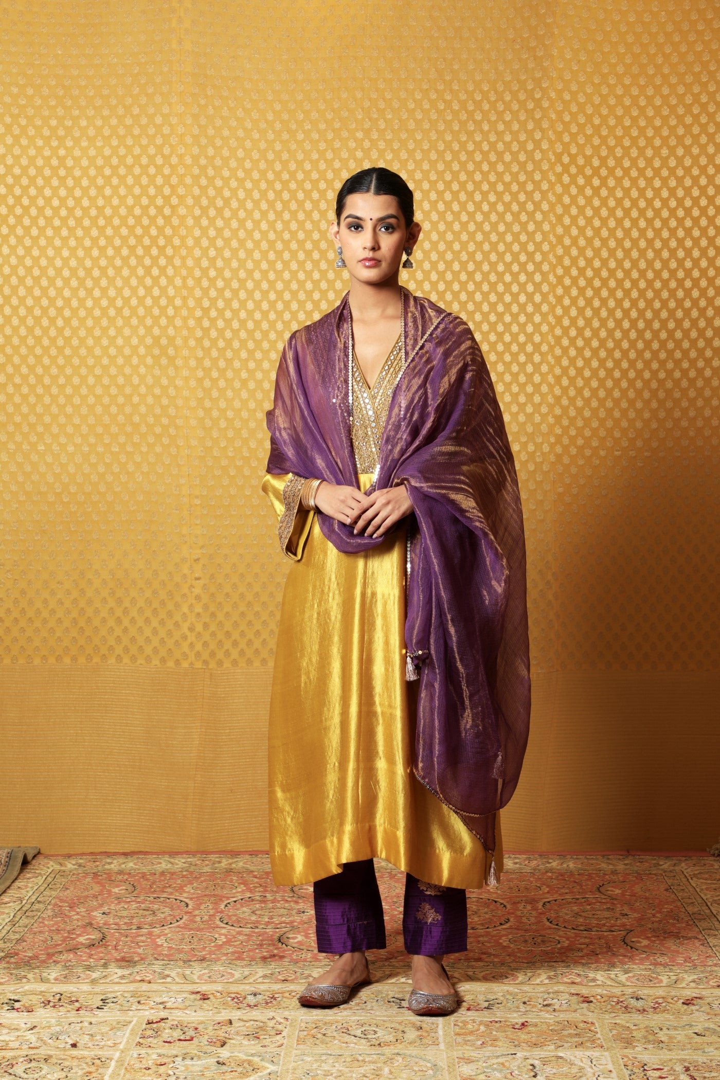 Hand-Embroidered Dusty Lime Pure Silk Kurta-Pants Set (Purple Pants & Dupatta)