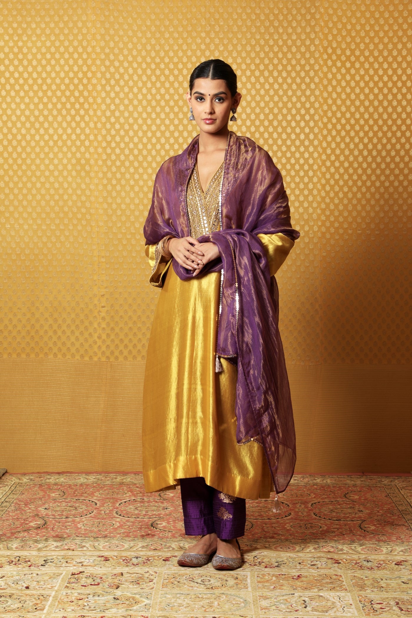 Hand-Embroidered Dusty Lime Pure Silk Kurta-Pants Set (Purple Pants & Dupatta)