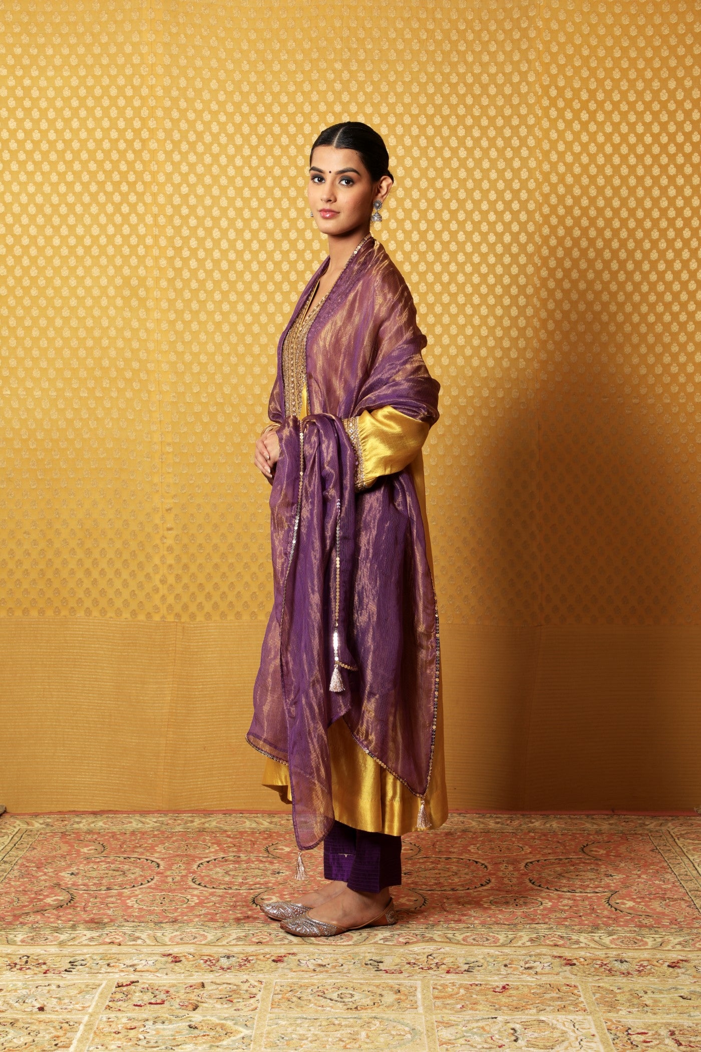 Hand-Embroidered Dusty Lime Pure Silk Kurta-Pants Set (Purple Pants & Dupatta)