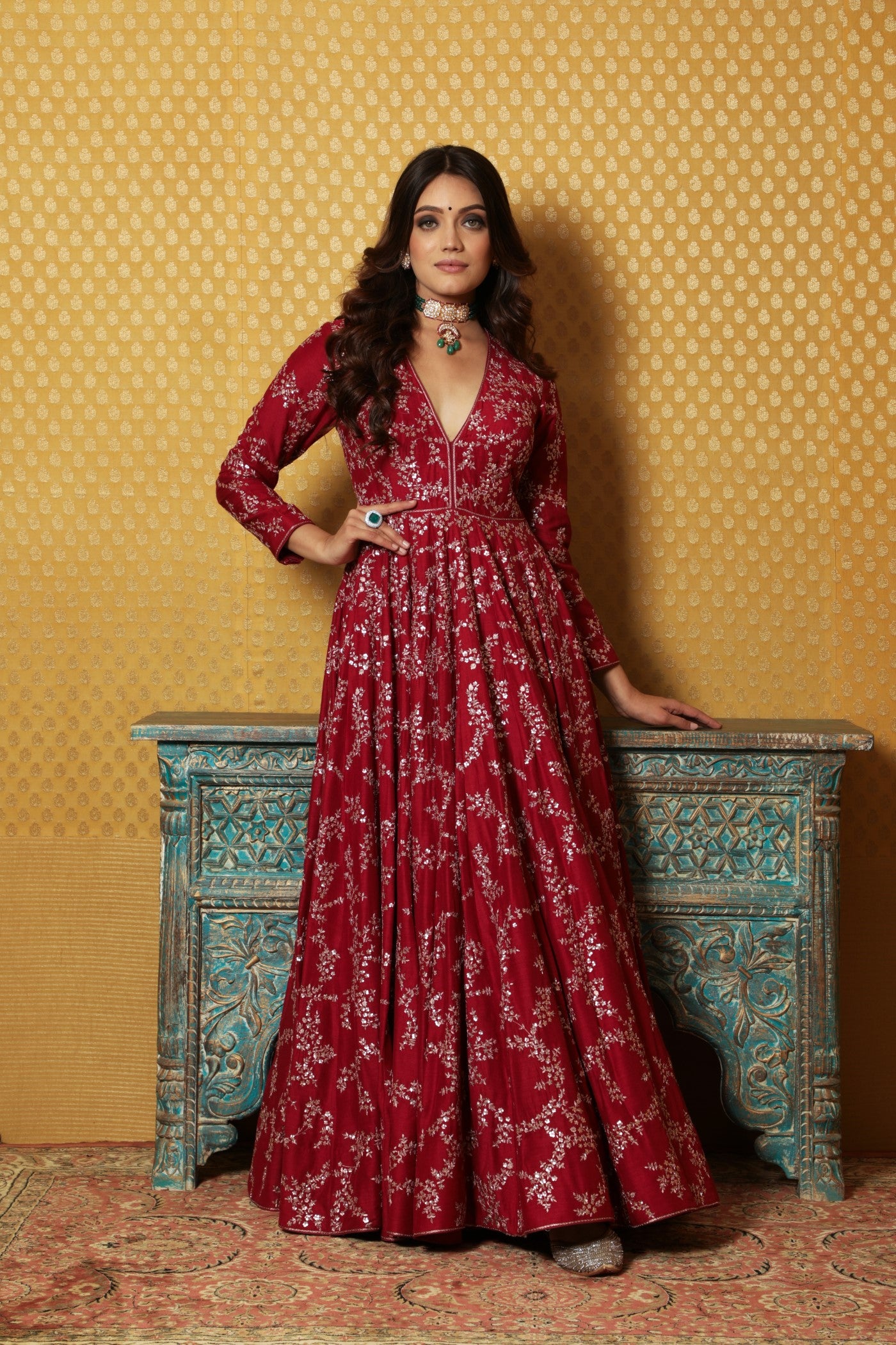 Hand-Embroidered Maroon Pure Muga-Silk Anarkali Dress