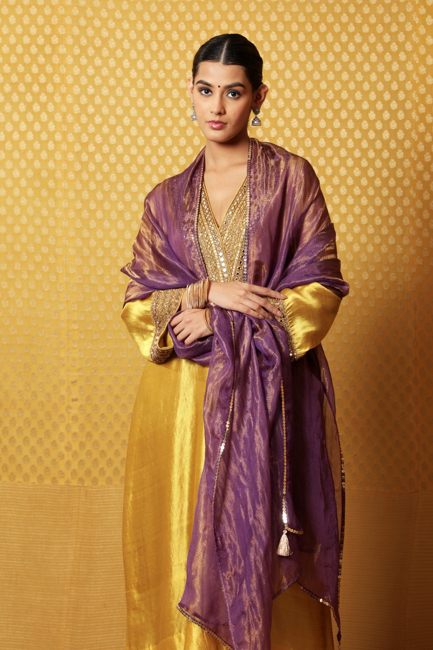 Hand-Embroidered Dusty Lime Pure Silk Kurta-Pants Set (Purple Pants & Dupatta)