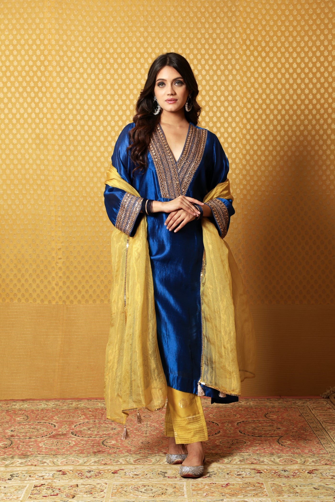 Hand-Embroidered Royal-Blue Pure Silk Kurta-Pants Set (Dusty-Lime Pants & Dupatta)