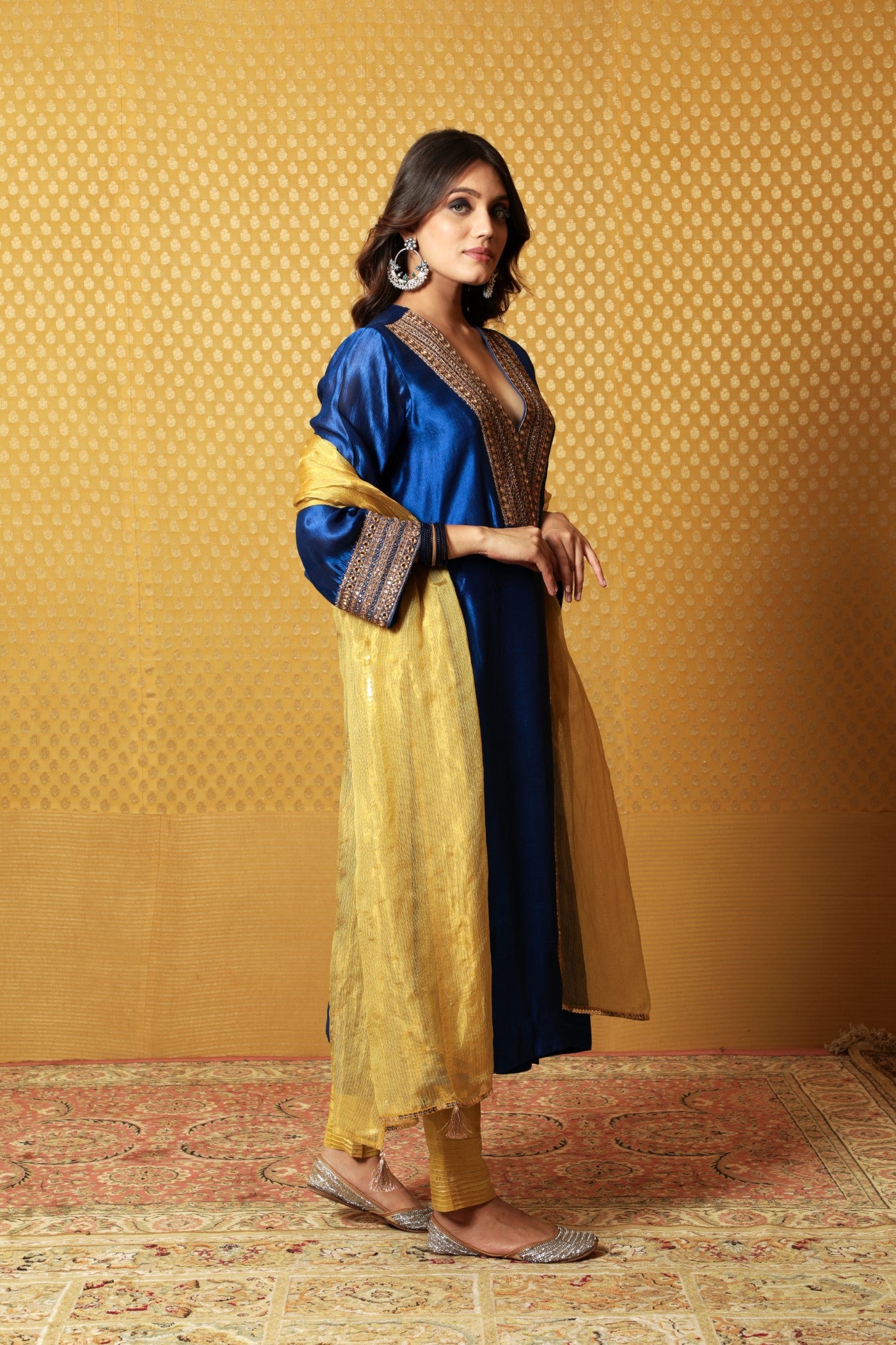 Hand-Embroidered Royal-Blue Pure Silk Kurta-Pants Set (Dusty-Lime Pants & Dupatta)