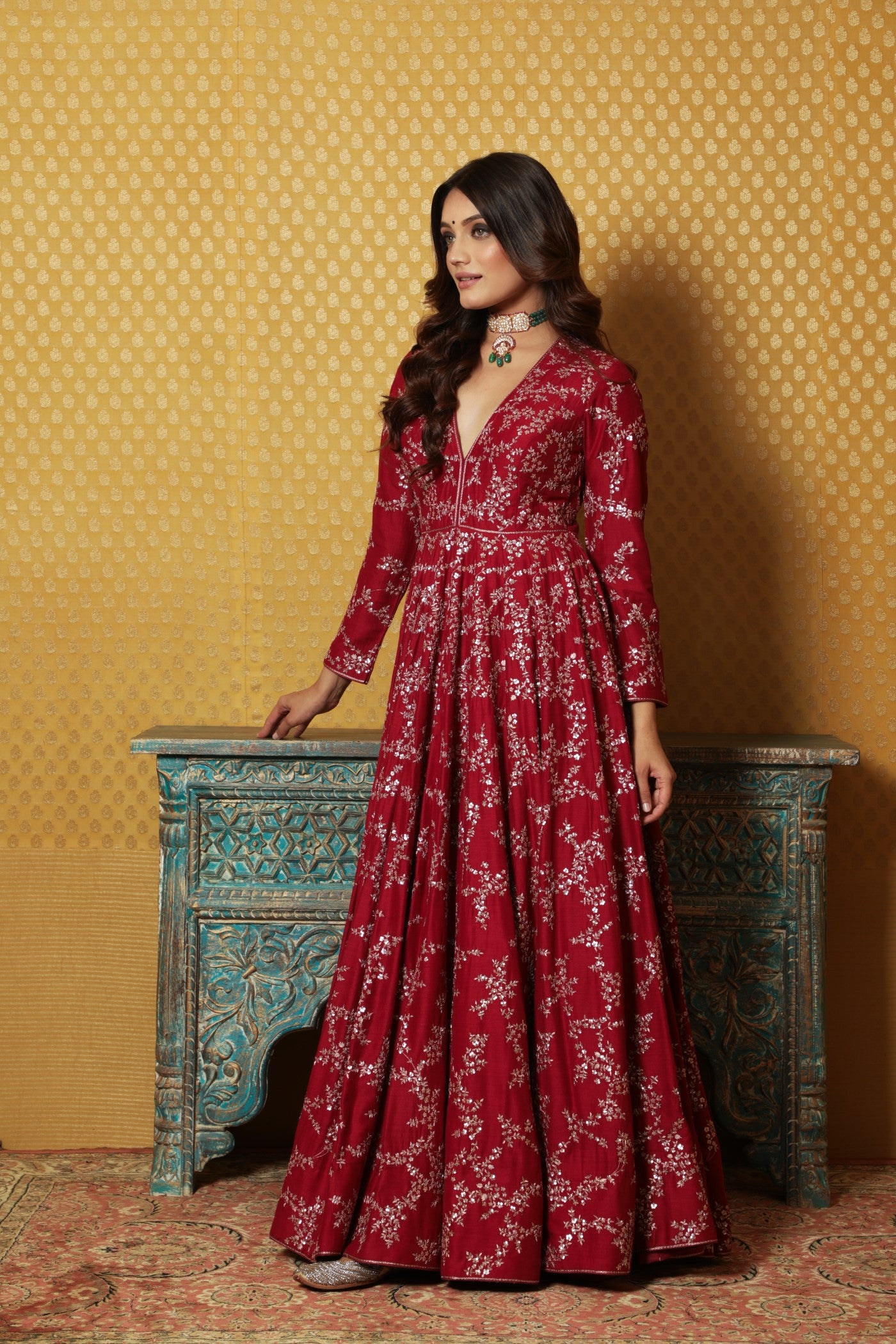 Hand-Embroidered Maroon Pure Muga-Silk Anarkali Dress