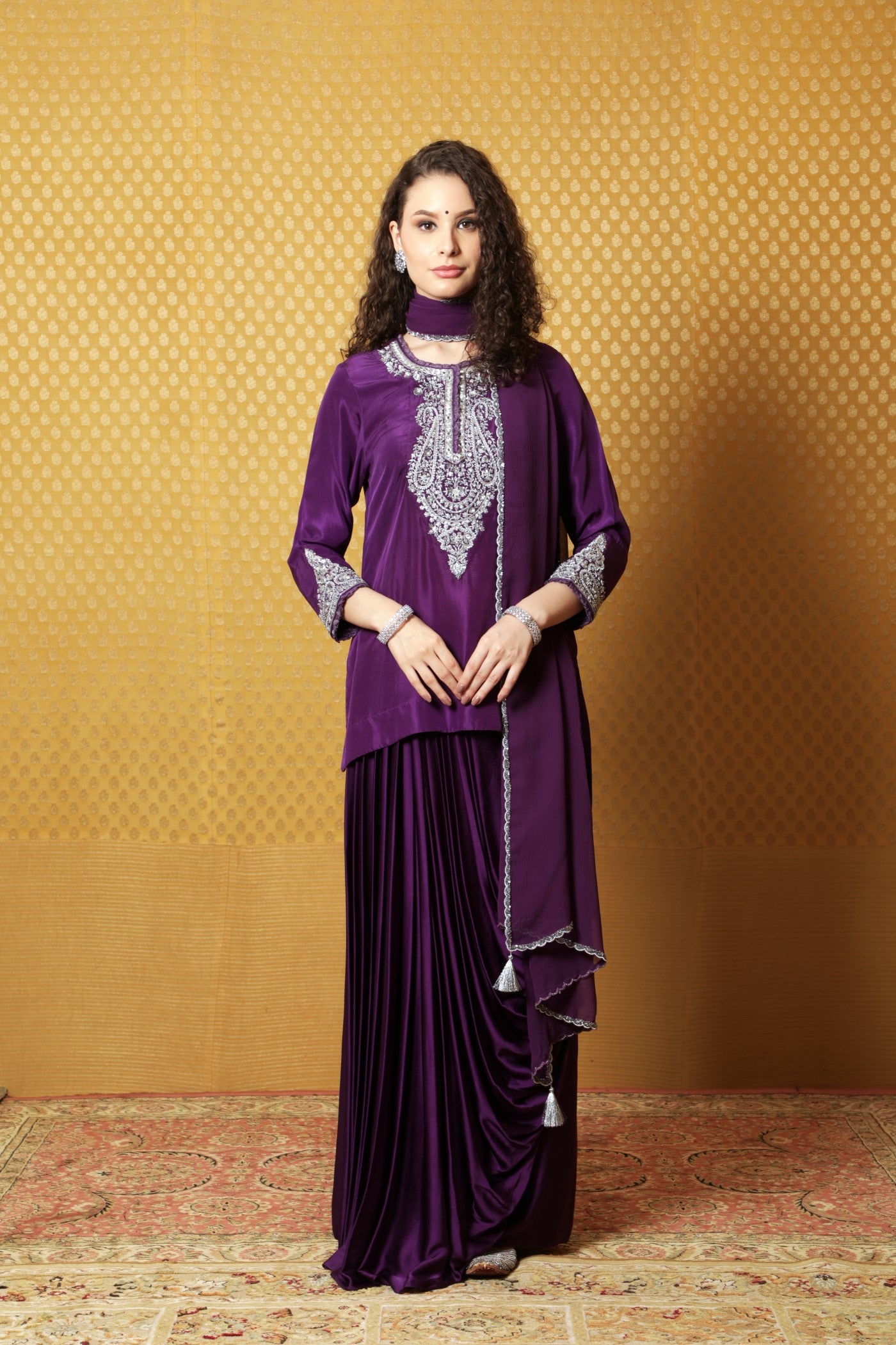 Aubergine Hand-Embroidered Pure Silk Short Kurta-Draped Skirt Set