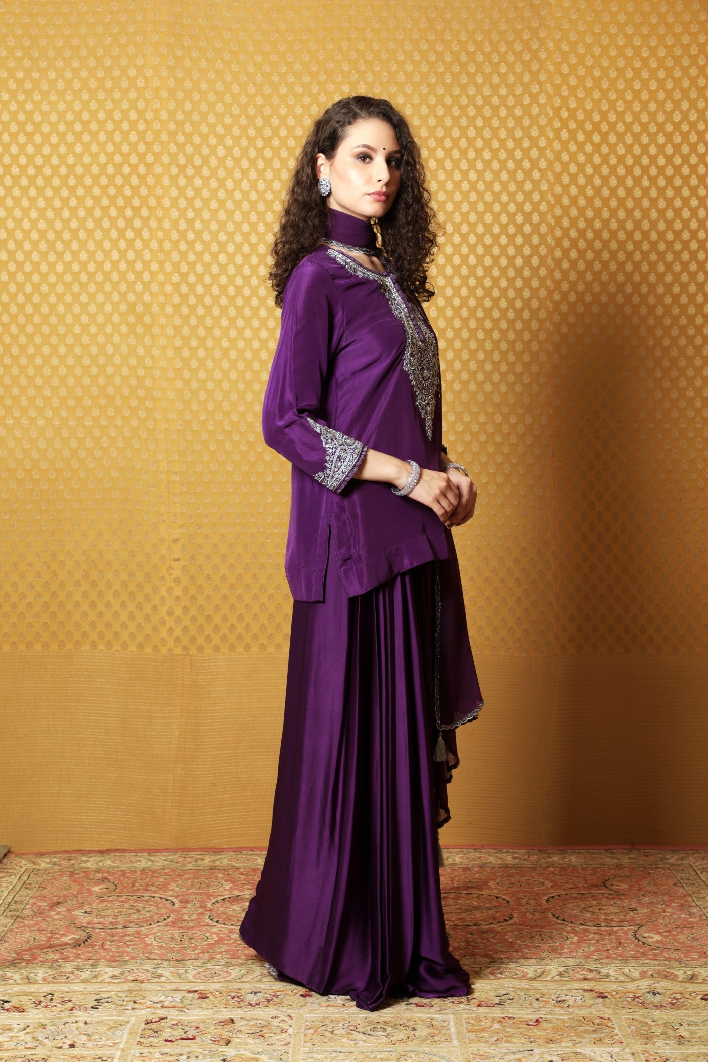 Aubergine Hand-Embroidered Pure Silk Short Kurta-Draped Skirt Set