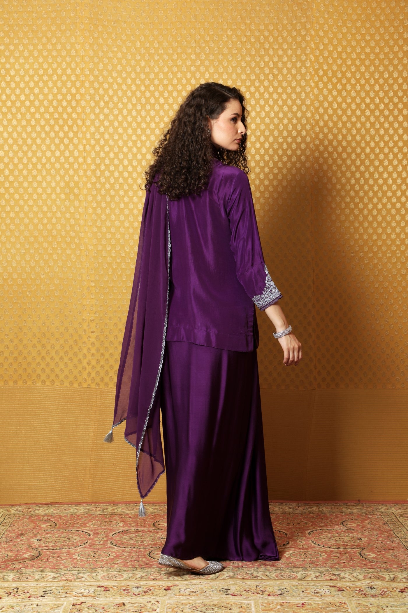 Aubergine Hand-Embroidered Pure Silk Short Kurta-Draped Skirt Set