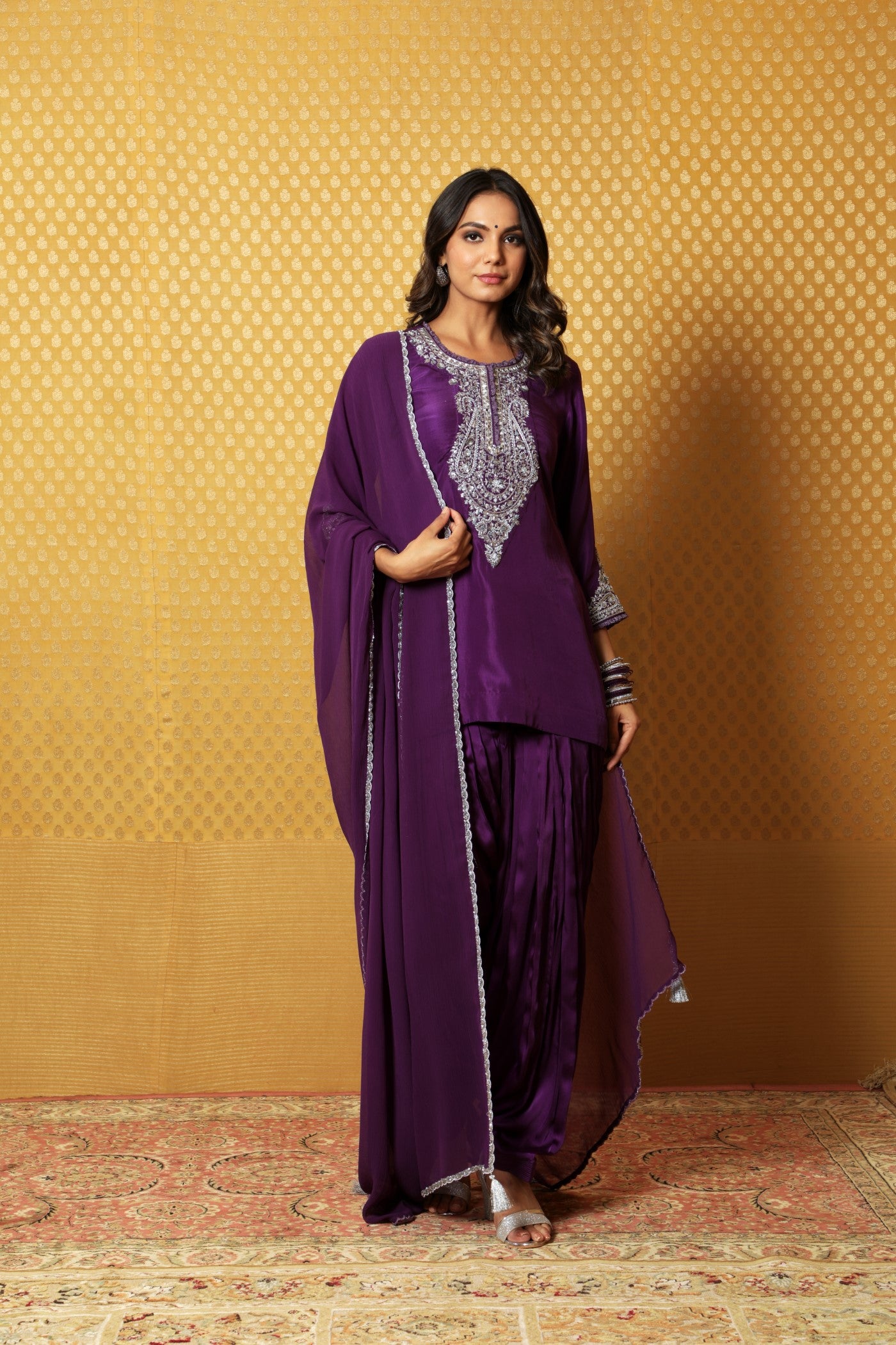 Aubergine Hand-Embroidered Pure Silk Kurta-Patiala Salwar Set
