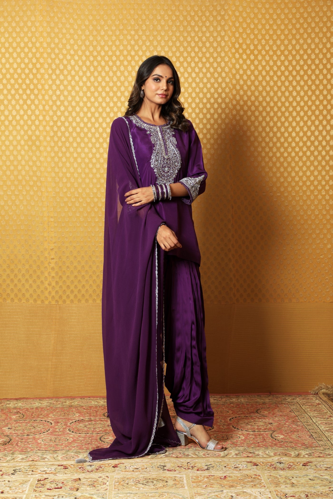 Aubergine Hand-Embroidered Pure Silk Kurta-Patiala Salwar Set