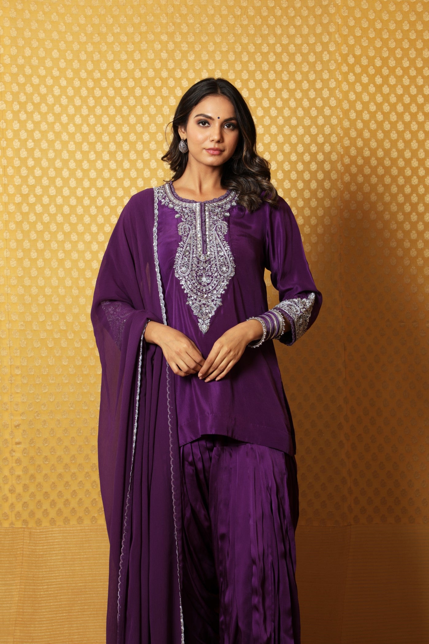 Aubergine Hand-Embroidered Pure Silk Kurta-Patiala Salwar Set