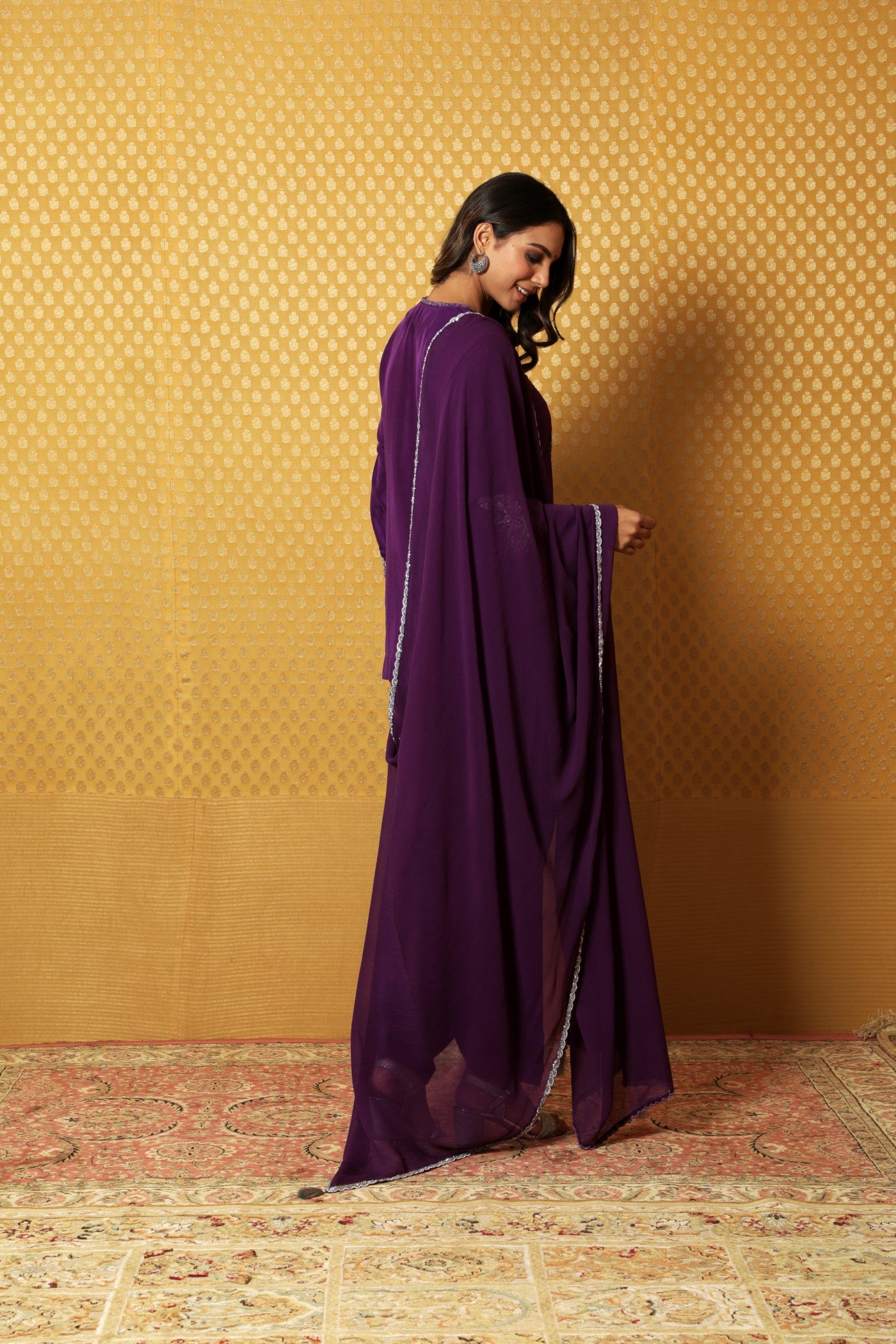Aubergine Hand-Embroidered Pure Silk Kurta-Patiala Salwar Set