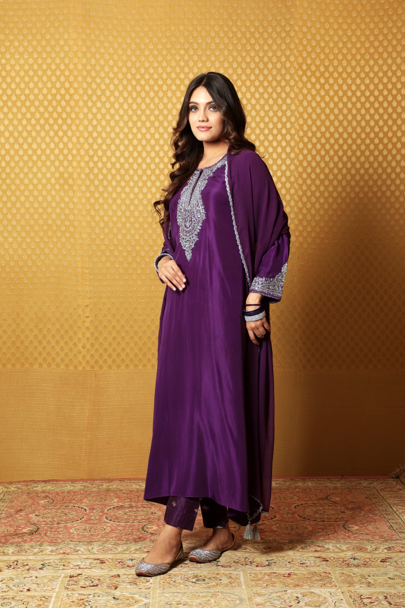 Aubergine Hand-Embroidered Pure Silk Kurta-Pants Set