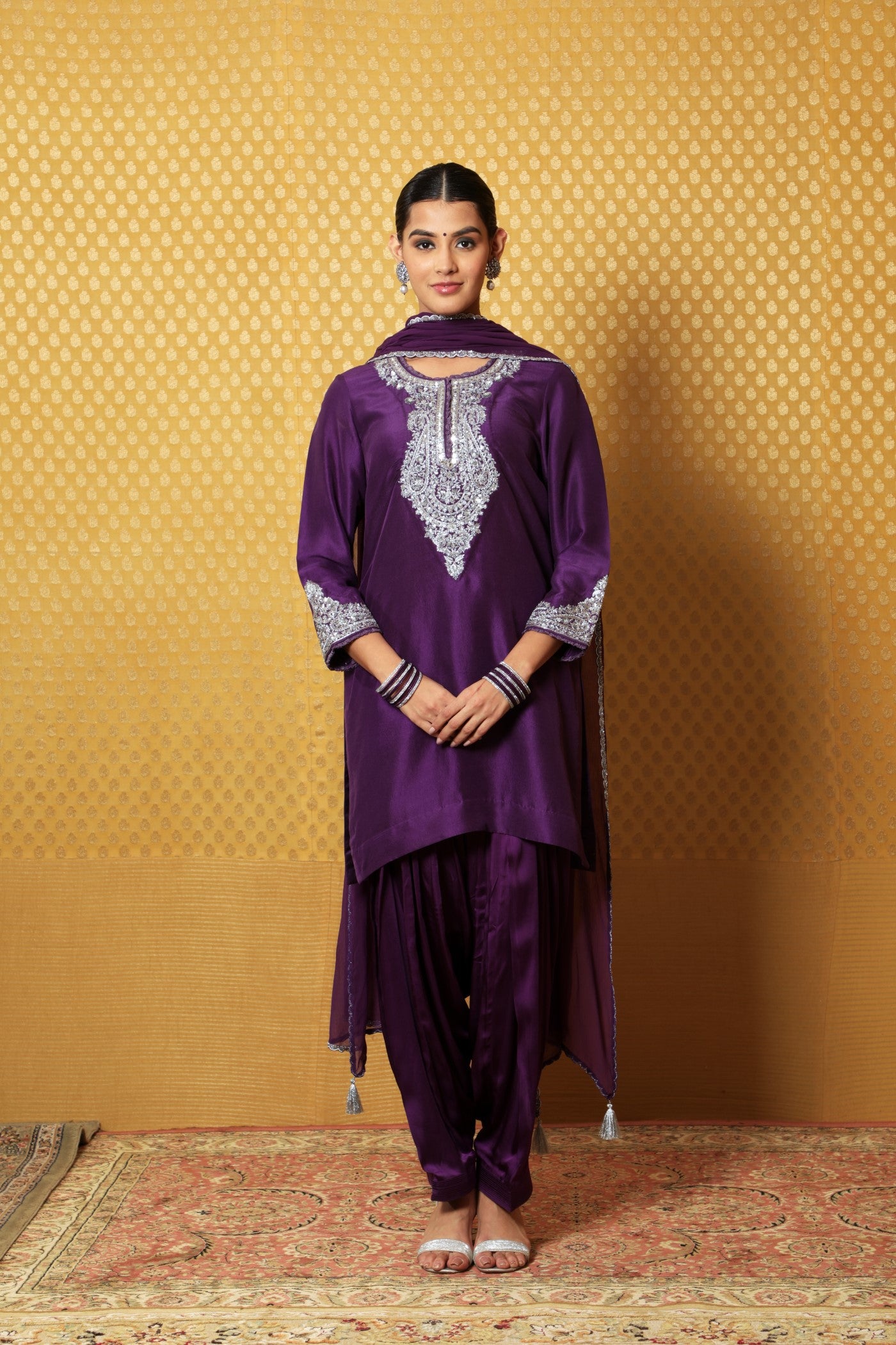 Aubergine Hand-Embroidered Pure Raw- Silk Kurta-Salwar Set