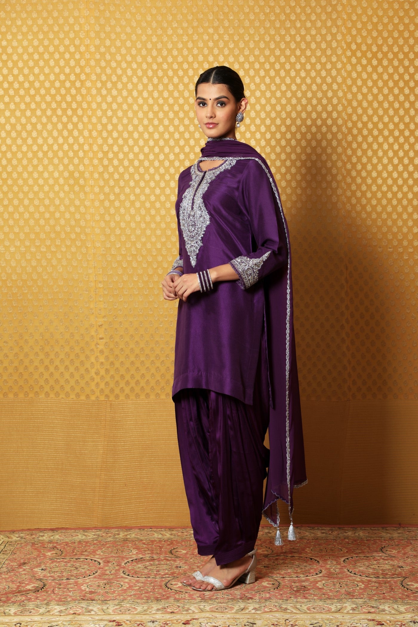 Aubergine Hand-Embroidered Pure Raw- Silk Kurta-Salwar Set