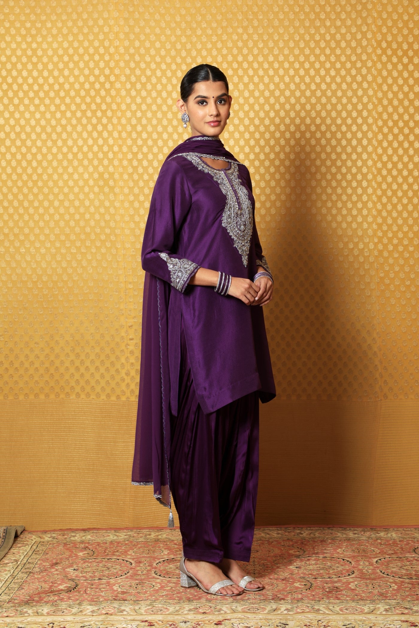 Aubergine Hand-Embroidered Pure Raw- Silk Kurta-Salwar Set