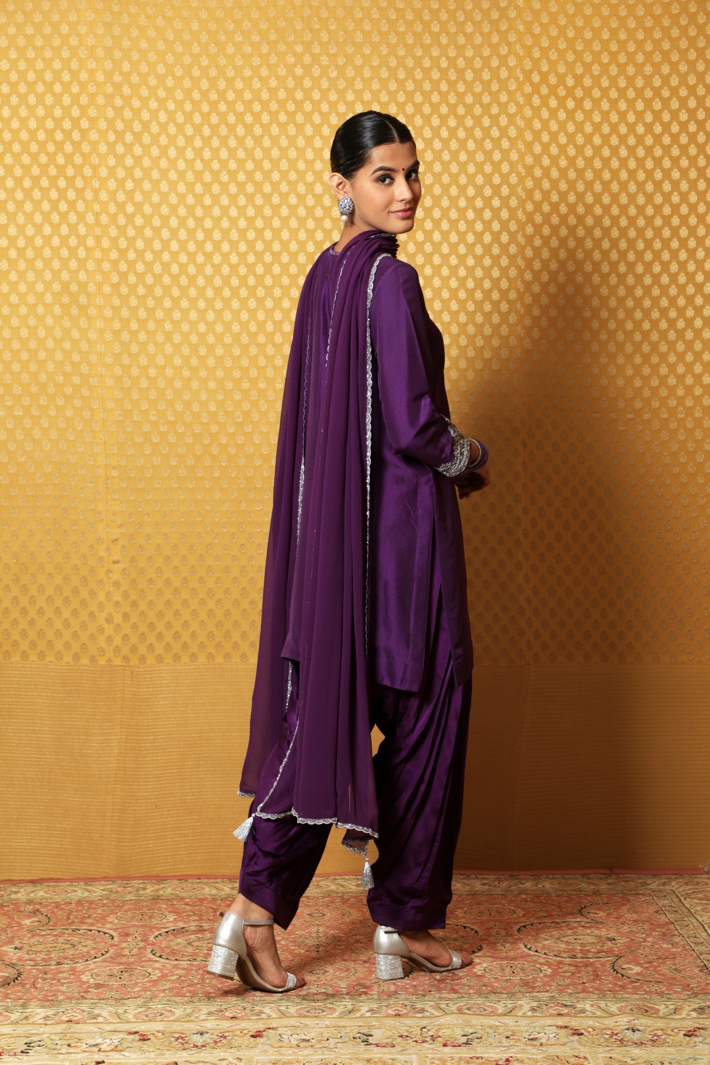 Aubergine Hand-Embroidered Pure Raw- Silk Kurta-Salwar Set