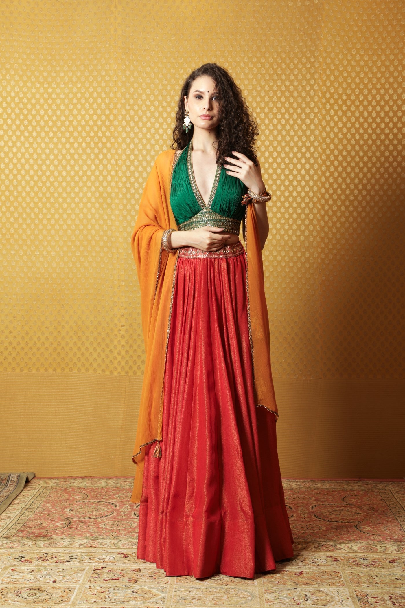 Hand-Embroidered Red-Green-Mustard Lehenga-Blouse-Dupatta Set