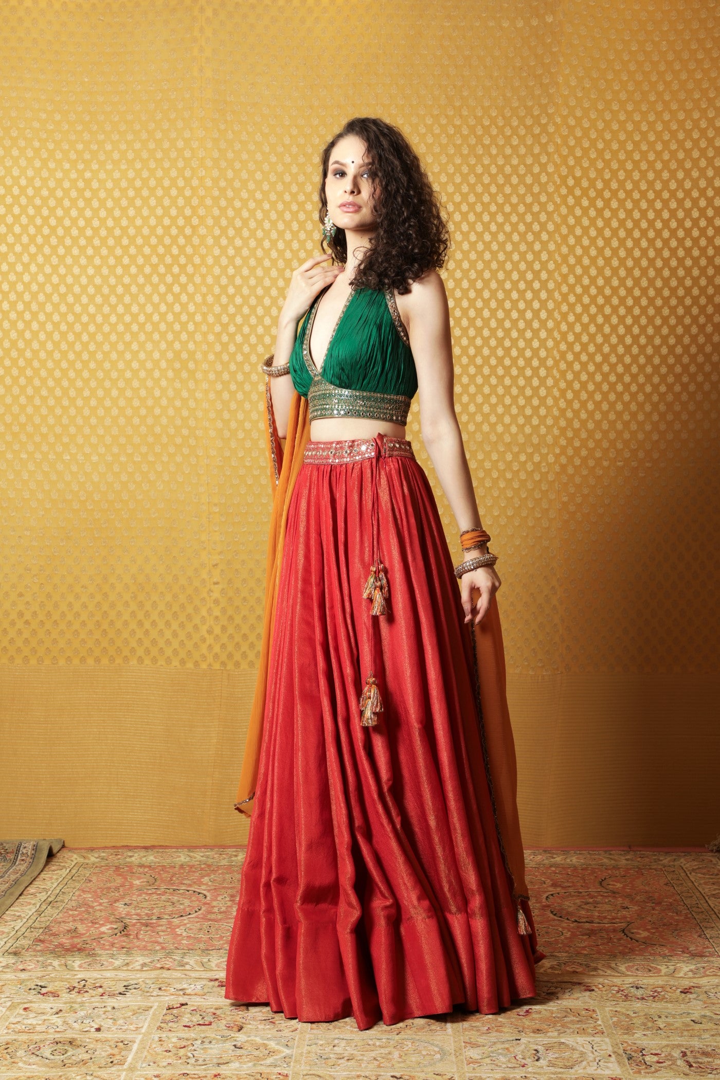 Hand-Embroidered Red-Green-Mustard Lehenga-Blouse-Dupatta Set