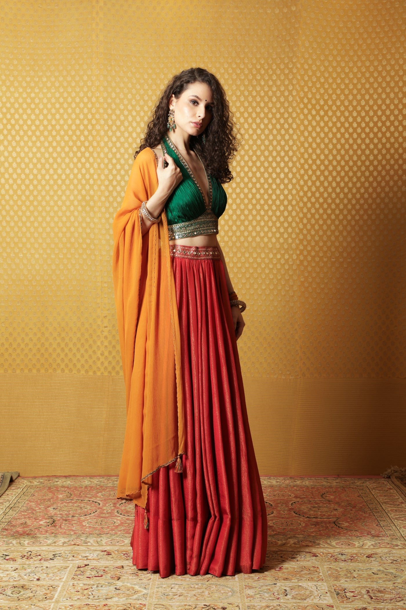 Hand-Embroidered Red-Green-Mustard Lehenga-Blouse-Dupatta Set